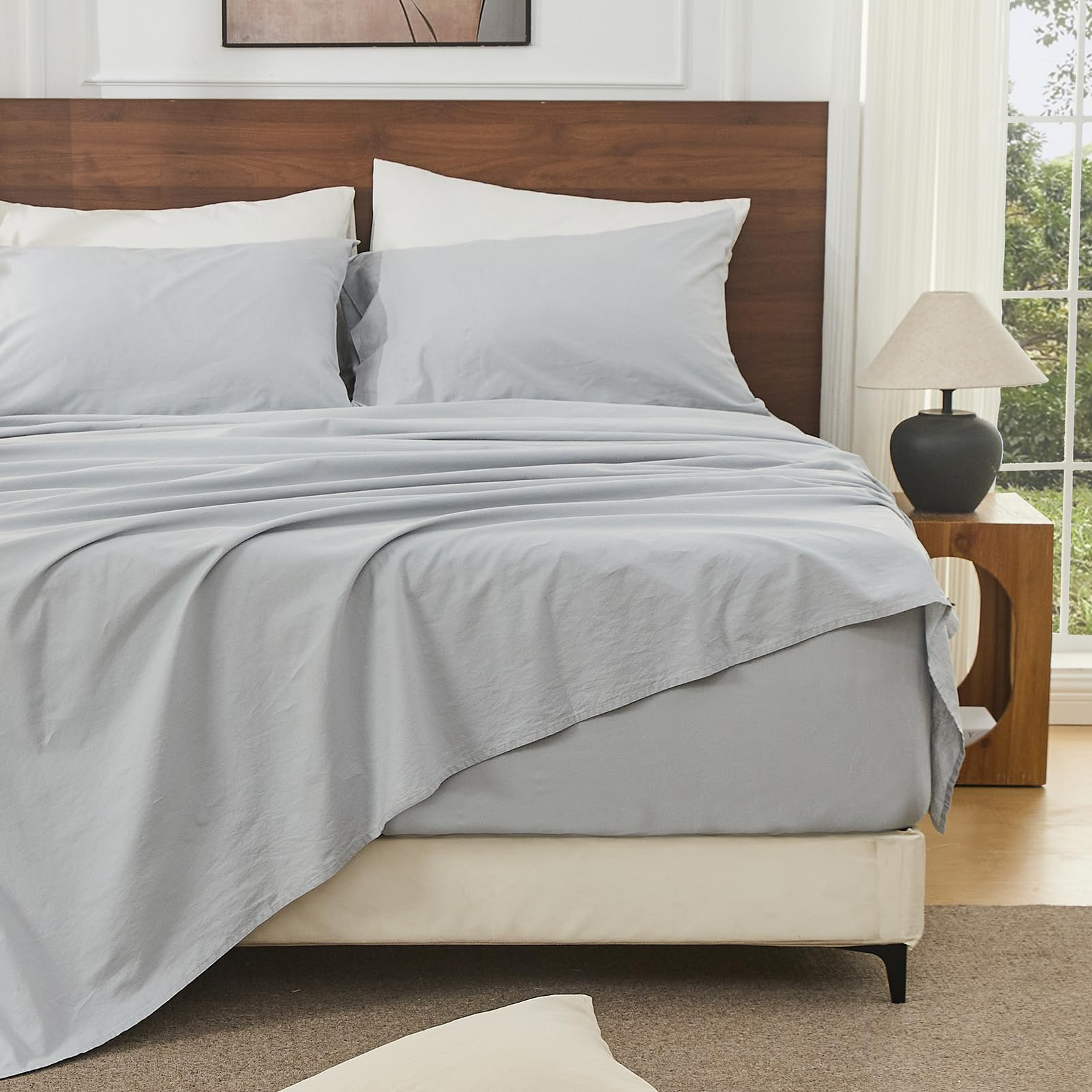 Bedlifes 100% French Pure Linen Sheets Queen Size Breathable and Cooling Flax Sheet Set Soft Durable and Moisture Wicking 16 Inch Deep Pocket-4 Piece(Queen,Linen)