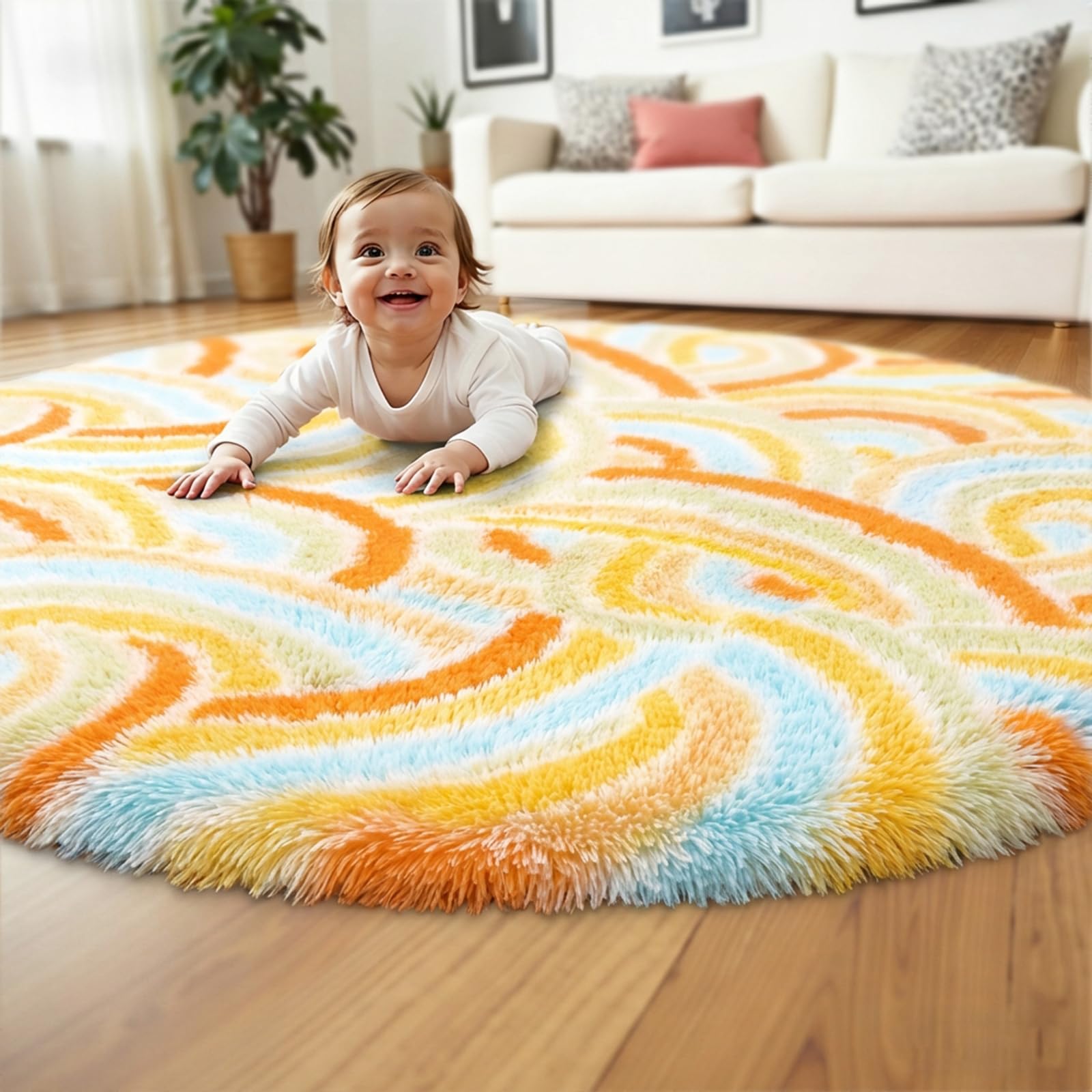 Fluffy Circle Rug for Bedroom Girls,4ft Round Area Rug for Girls Room Decor Aesthetic,Soft Plush Shaggy Fuzzy Carpet for Kids Room, Nursery, Preppy Dorm,Playroom Home Decor