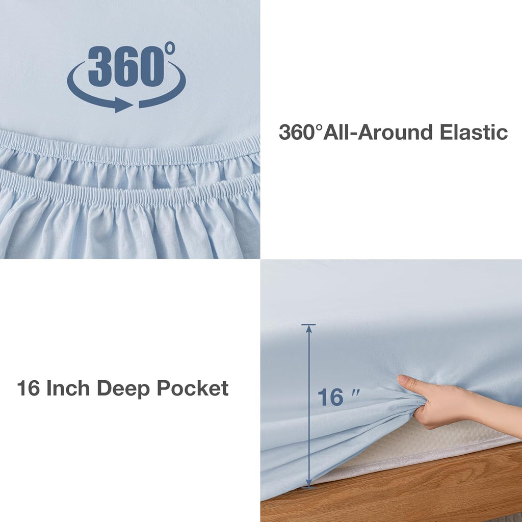 Yibeizi Light Blue 100% Washed Cotton Linen Feel Sheet Set Queen Size, 4 Pieces Deep Pocket Bed Sheets Soft Breathable Hotel Bedsheets