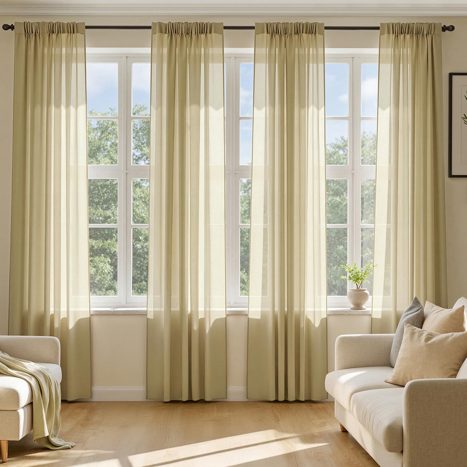 MIULEE Butter Cream Sheer Curtains 96 Inches Long, 4 Panels Set, Rod Pocket Voile Drapes Light Filtering and Semi Transparent, Elegant Window Treatments for Bedroom Living Room,42 x 96 Inches