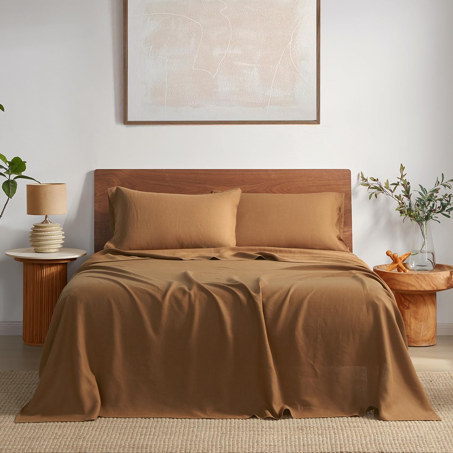 DAPU Pure Linen Sheets Set, 100% French Linen from Normandy, Breathable and Durable for Hot Sleepers, 4 Pcs Queen Size Sheets Set - 1 Flat Sheet, 1 Fitted Sheet, 2 Pillowcases (Natural Linen, Queen)