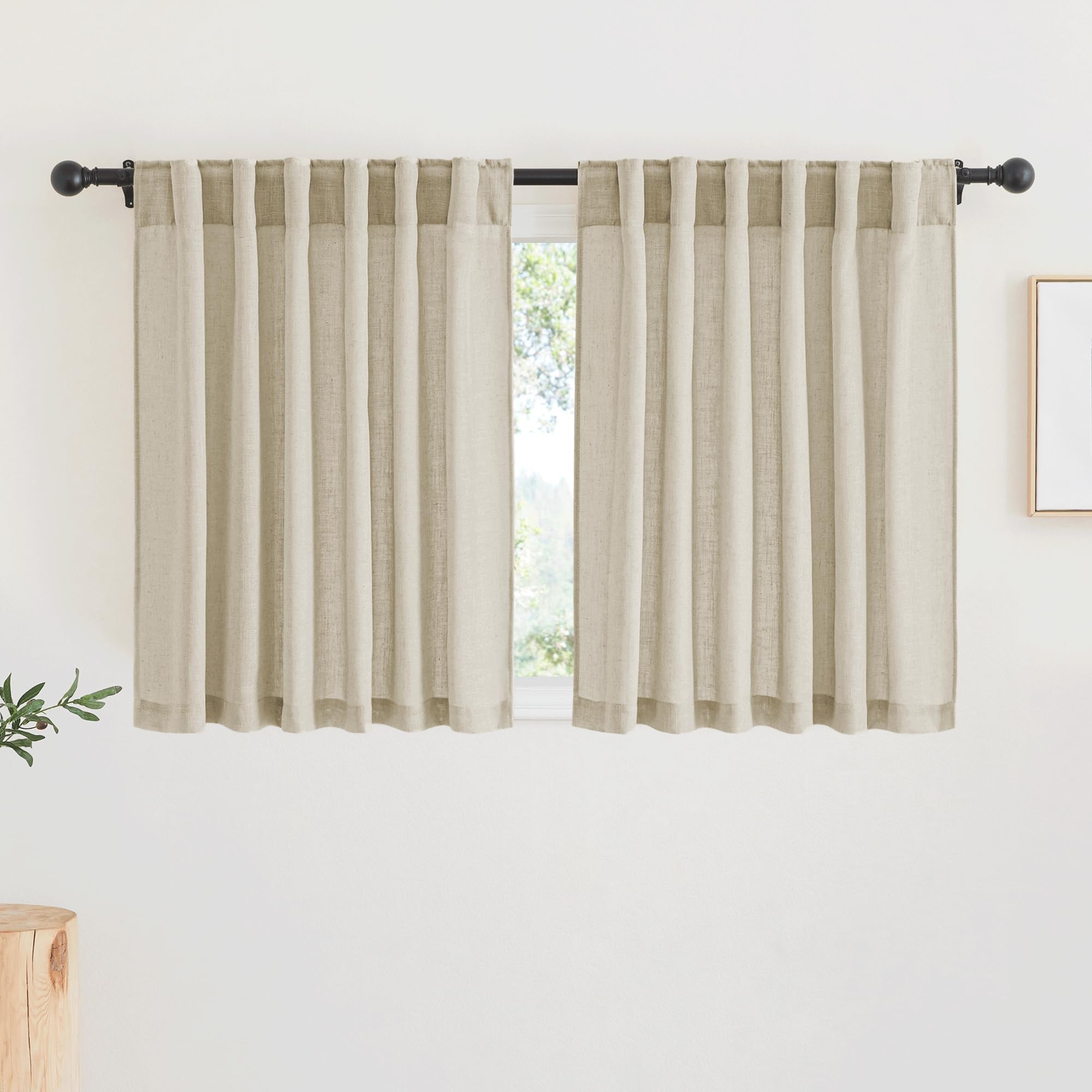 RYB HOME Linen Sheer Curtains and Drapes for Living Room 108 inches Length, Breathable Back Tab/Rod Pocket Semi Sheer Curtains, Oatmeal, W 52 x L 108 inches, 2 Panels Set