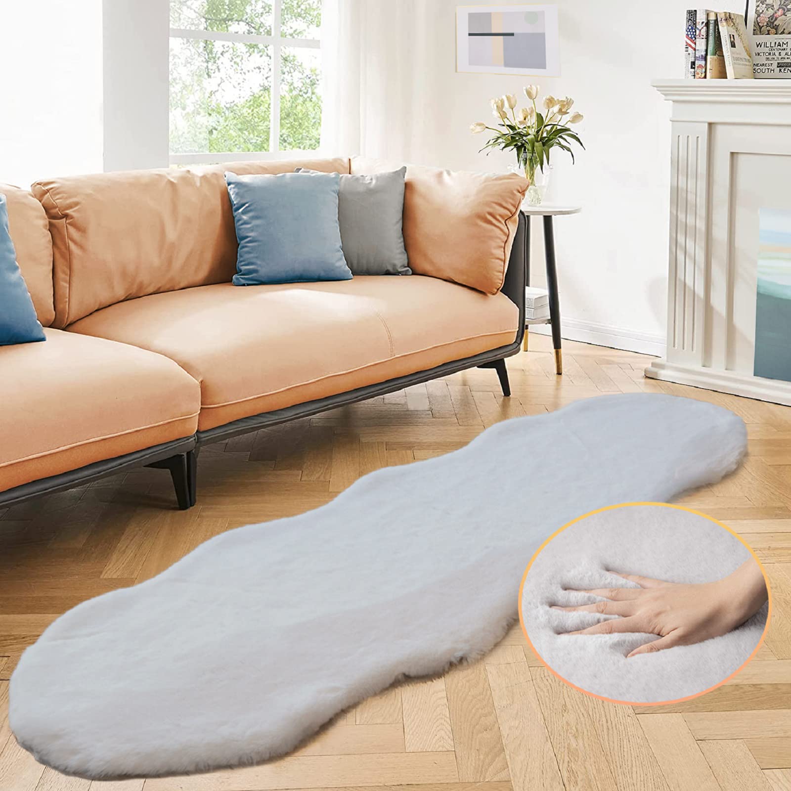 ORINOVA White Faux Rabbit Fluffy Fur Rugs for Bedroom Machine Washable Furry Area Rugs for Living Room Smal 2x4 Shag Runner Rug Nursery Rug