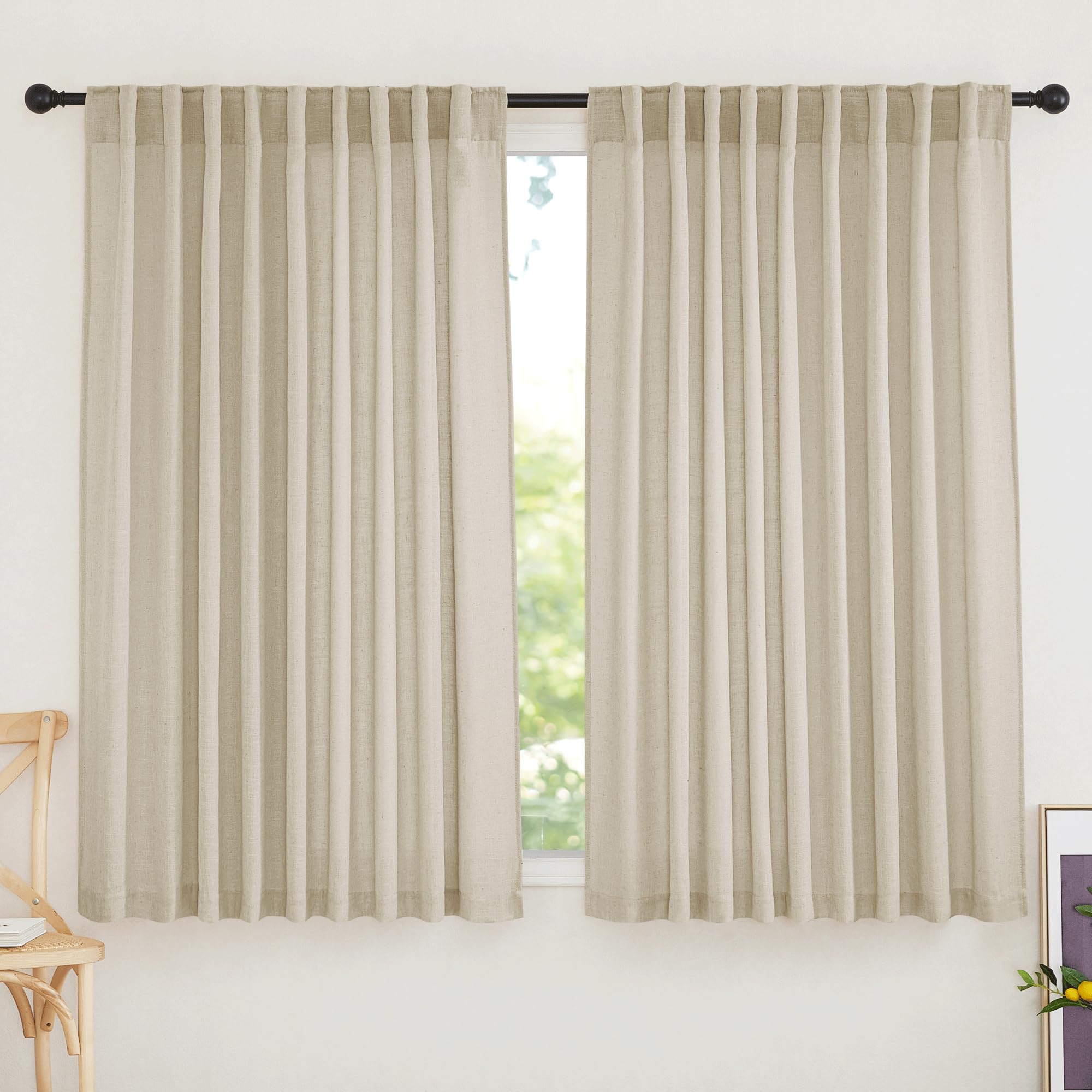 RYB HOME Linen Sheer Curtains and Drapes for Living Room 108 inches Length, Breathable Back Tab/Rod Pocket Semi Sheer Curtains, Oatmeal, W 52 x L 108 inches, 2 Panels Set
