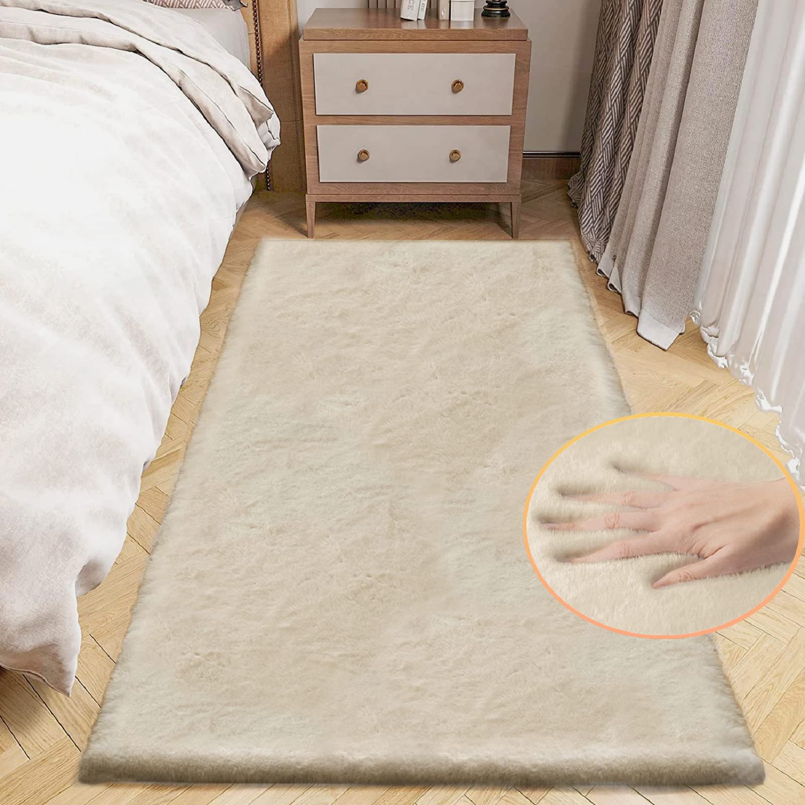 ORINOVA White Faux Rabbit Fluffy Fur Rugs for Bedroom Machine Washable Furry Area Rugs for Living Room Smal 2x4 Shag Runner Rug Nursery Rug