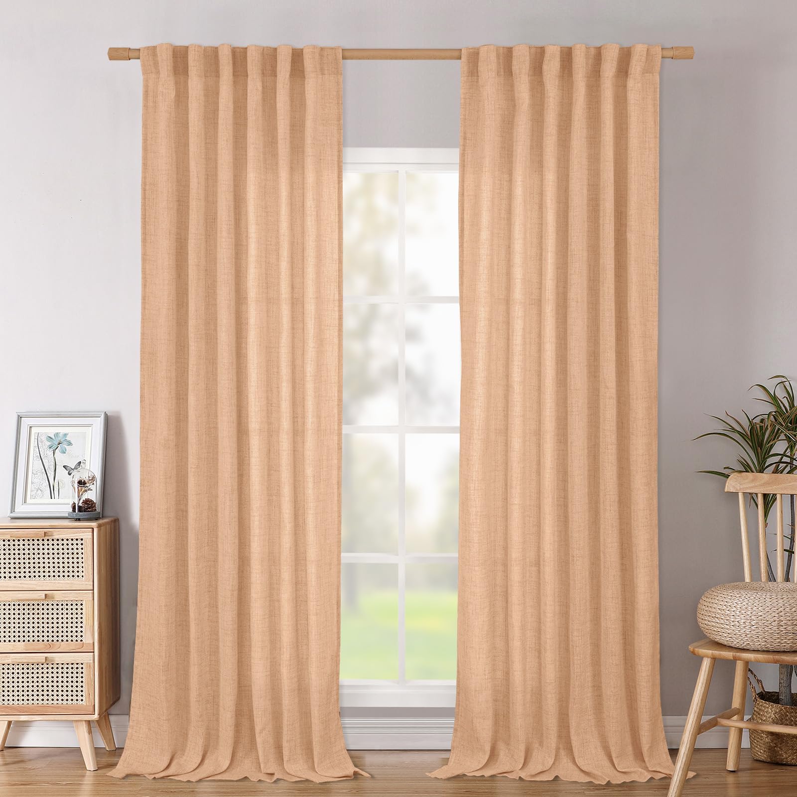 BGment Natural Linen Semi Sheer Curtains 96 Inch Length 2 Panels for Living Room, Beige Light Filtering Window Drapes with Rod Pocket Back Tab Extre Long for Dining Bedroom, 52 X 96 Inch