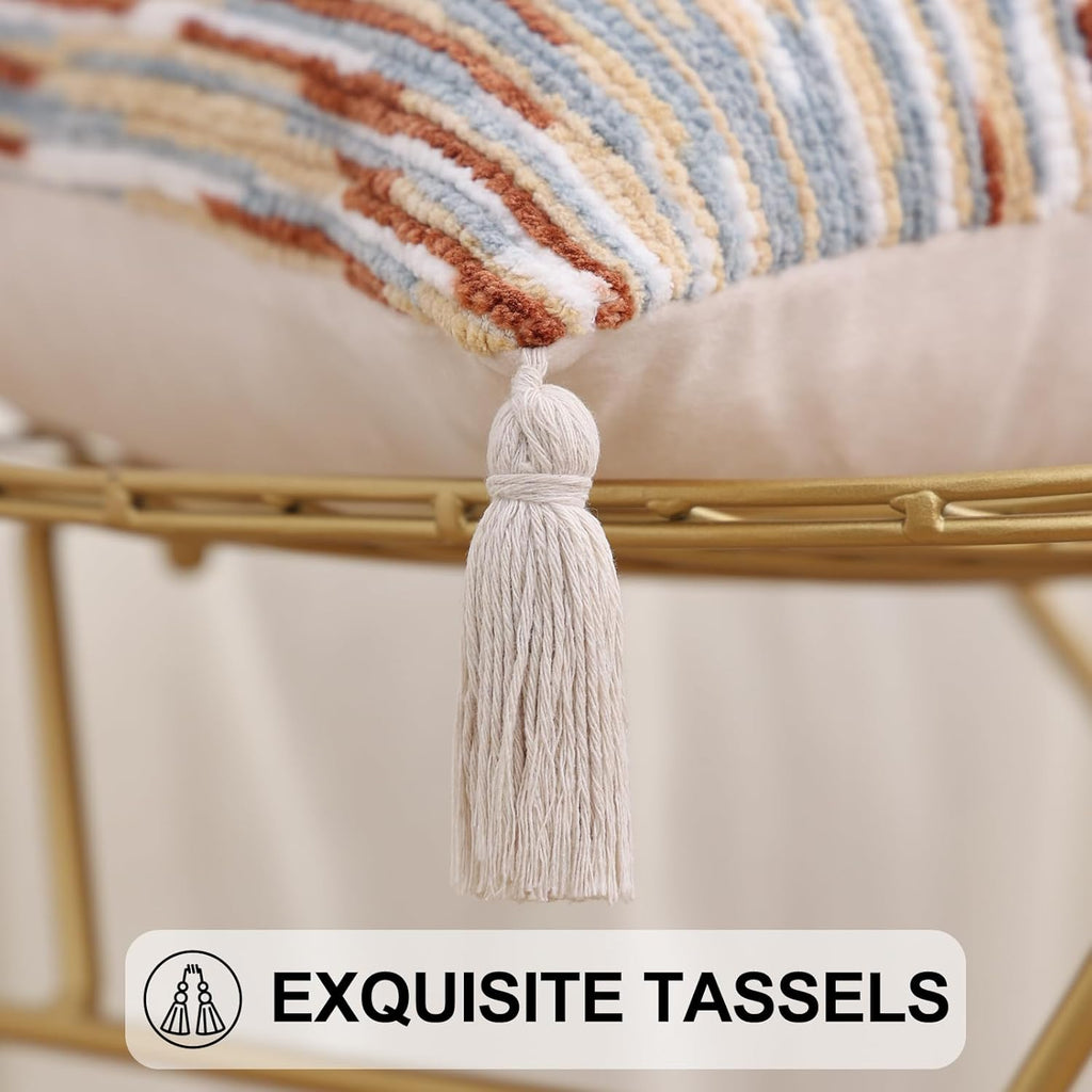 Simmore Fall Boho Decorative Throw Pillow Covers 12x20 Set of 2, Tufted Farmhouse Pillow Covers with Tassels for Cozy Bohemian Couch Sofa Bedroom Home Decor, Rust