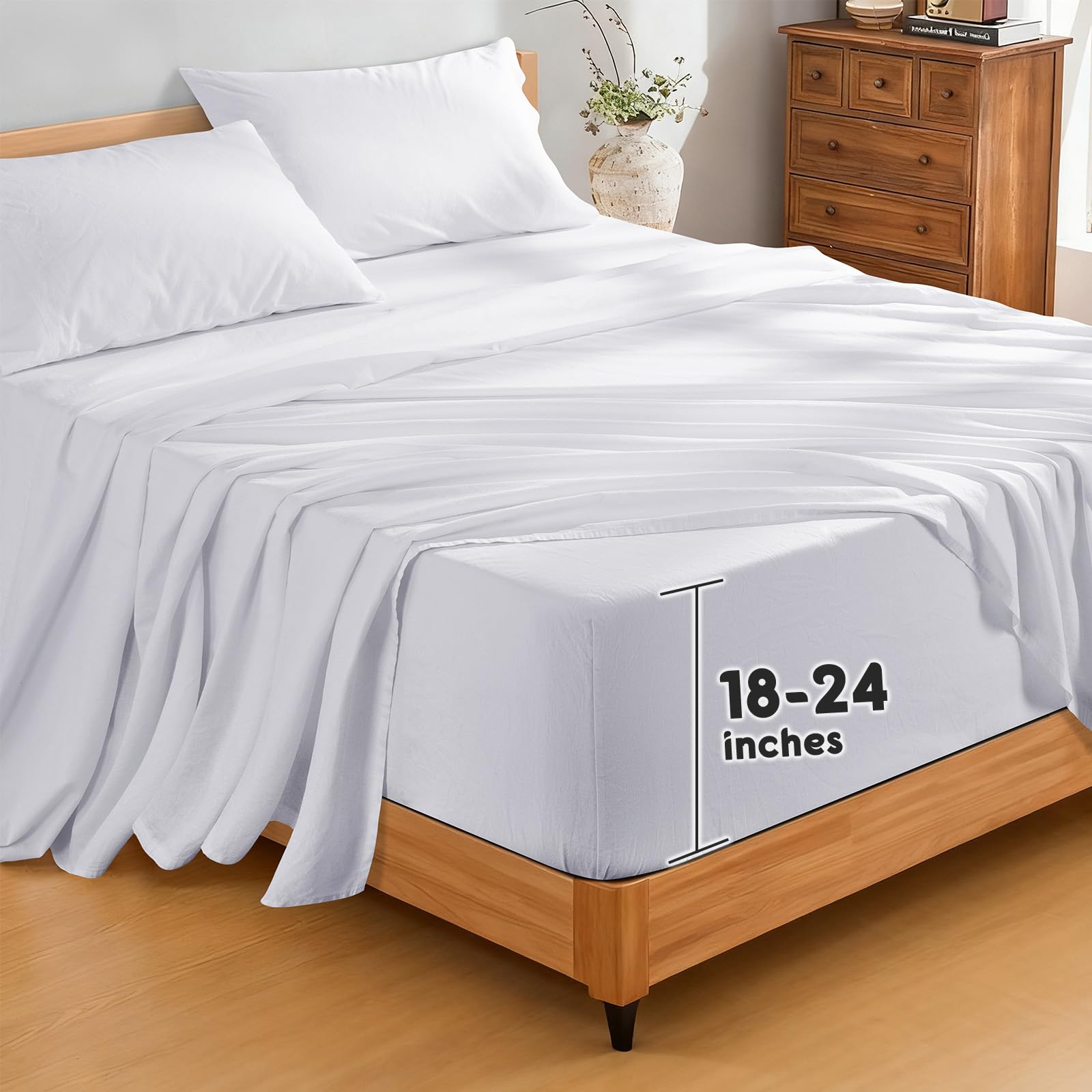 SONORO KATE 100% French Pure Linen Sheets, Breathable and Durable Linen King Size Sheets, Anti-Tear Linen Bed Sheets, Machine Washable, 16 Inch Deep Pocket - 4 Piece (Natural Linen, King)
