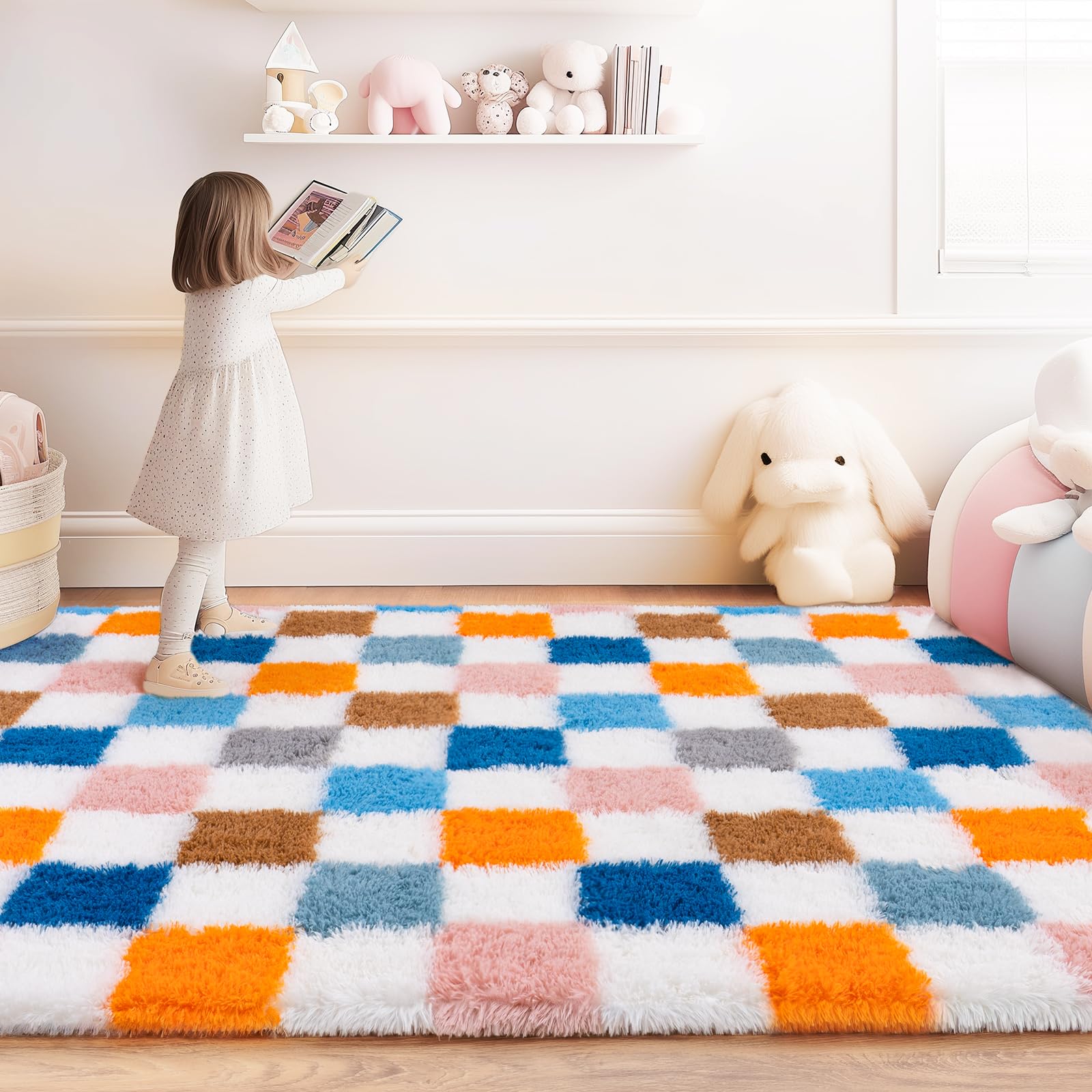 8x10 Area Rugs for Living Room, Large Ultra Fluffy Fuzzy Shag Rug for Bedroom, Modern Plush Soft High Pile Upgrade Non-Slip Carpet for Kids Girls and Boys Room Decor, Tie-Dyed Blue Grey