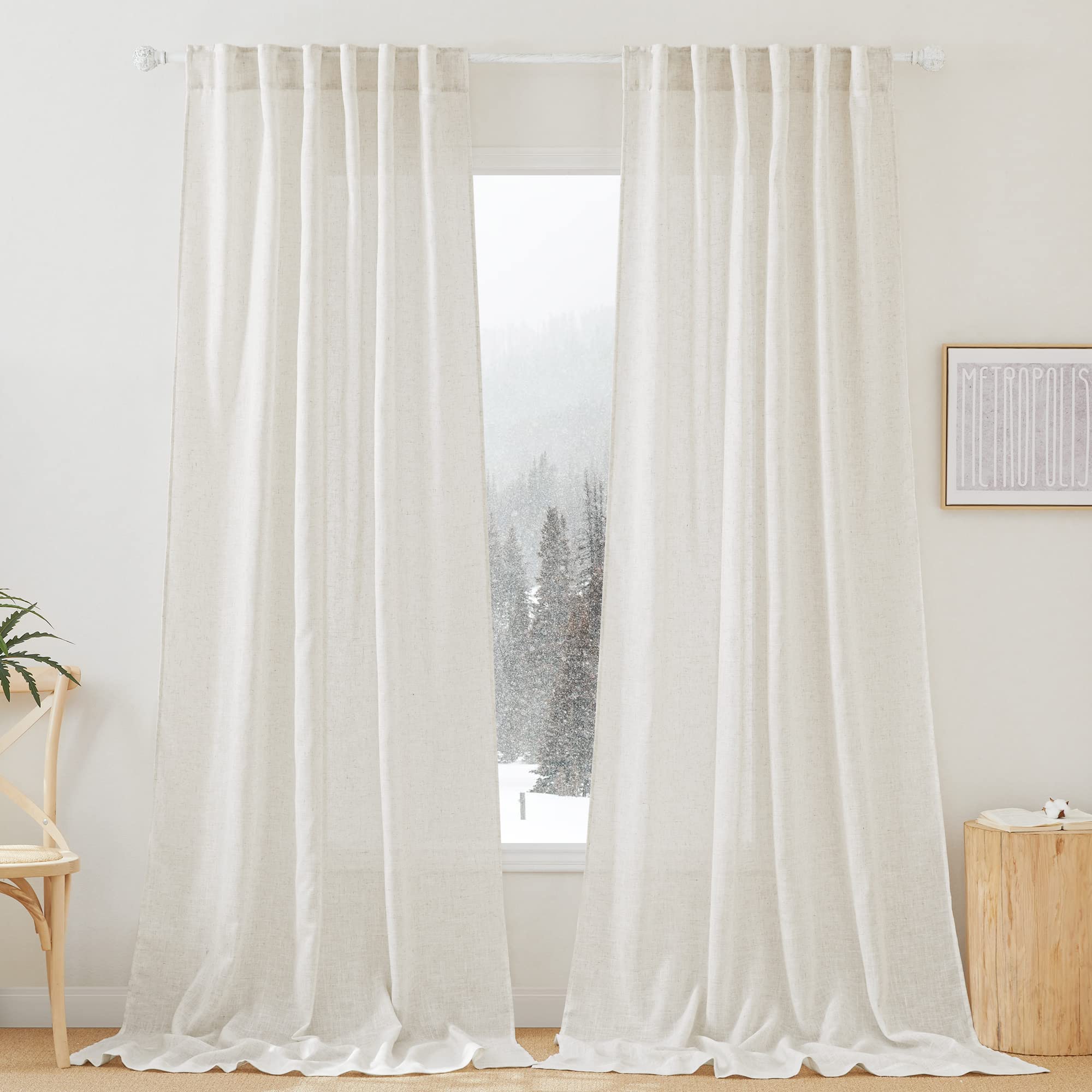 RYB HOME Linen Sheer Curtains and Drapes for Living Room 108 inches Length, Breathable Back Tab/Rod Pocket Semi Sheer Curtains, Oatmeal, W 52 x L 108 inches, 2 Panels Set