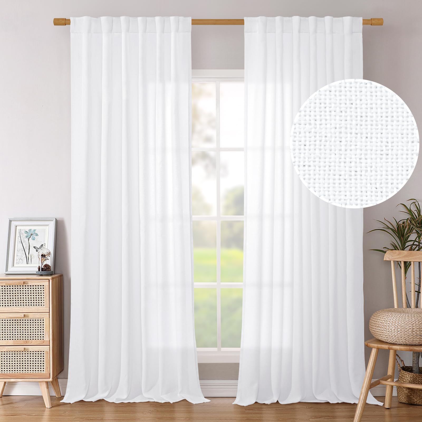 BGment Natural Linen Semi Sheer Curtains 96 Inch Length 2 Panels for Living Room, Beige Light Filtering Window Drapes with Rod Pocket Back Tab Extre Long for Dining Bedroom, 52 X 96 Inch