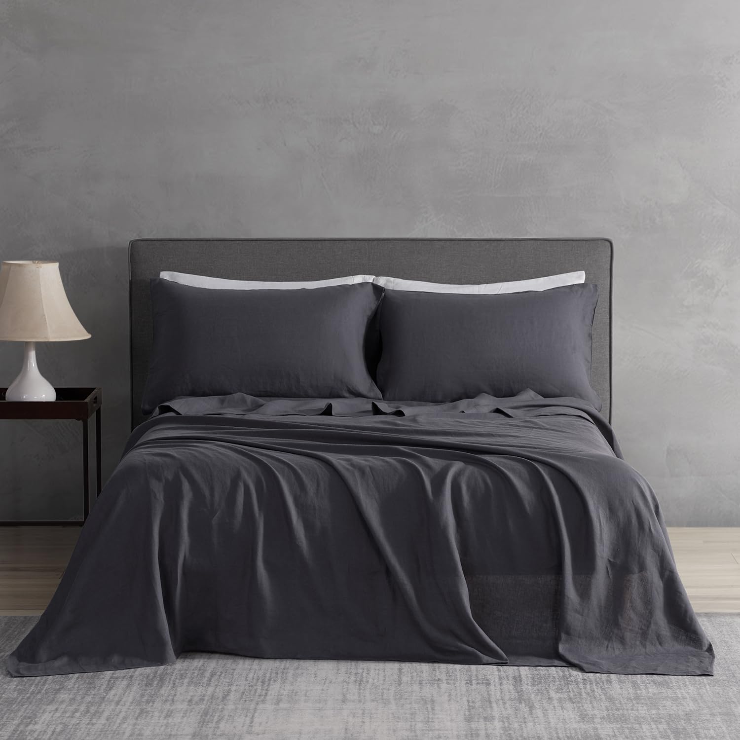 DAPU Pure Linen Sheets Set, 100% French Linen from Normandy, Breathable and Durable for Hot Sleepers, 4 Pcs Queen Size Sheets Set - 1 Flat Sheet, 1 Fitted Sheet, 2 Pillowcases (Natural Linen, Queen)