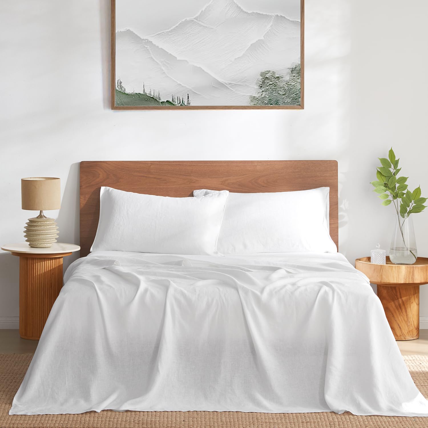 DAPU Pure Linen Sheets Set, 100% French Linen from Normandy, Breathable and Durable for Hot Sleepers, 4 Pcs Queen Size Sheets Set - 1 Flat Sheet, 1 Fitted Sheet, 2 Pillowcases (Natural Linen, Queen)