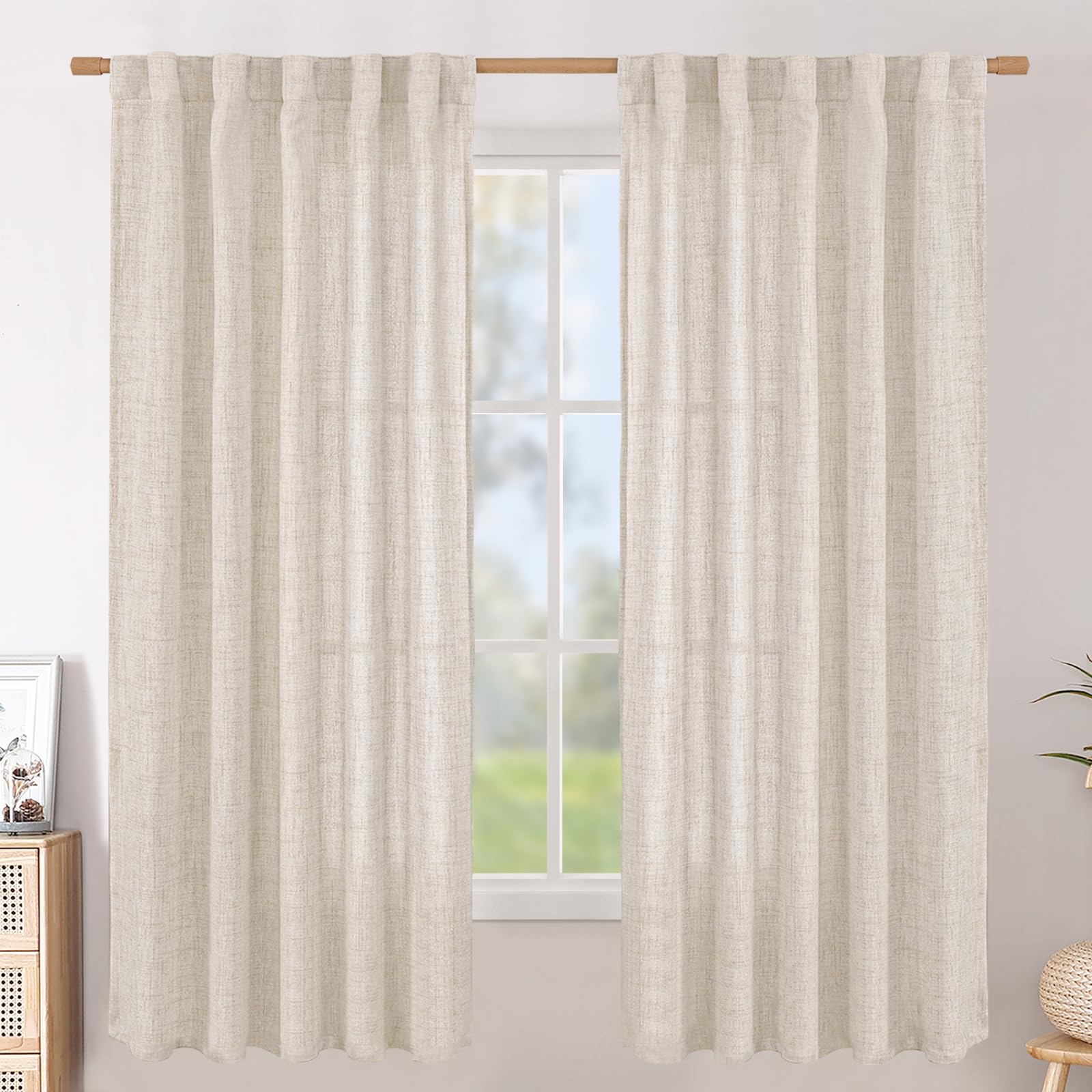 BGment Natural Linen Semi Sheer Curtains 96 Inch Length 2 Panels for Living Room, Beige Light Filtering Window Drapes with Rod Pocket Back Tab Extre Long for Dining Bedroom, 52 X 96 Inch