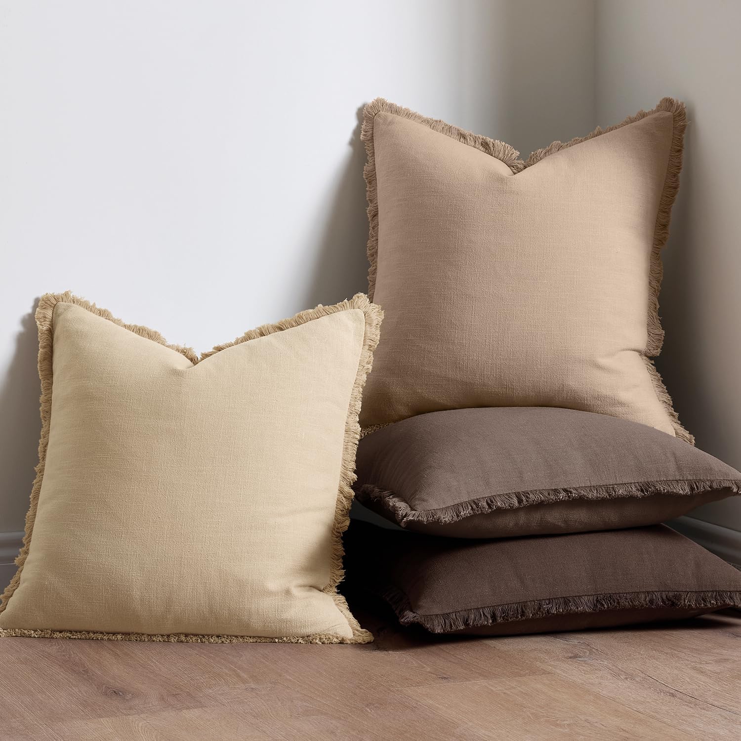 ANRODUO Set of 2 Decorative Throw Pillow Covers 26×26 Inch Soft Linen Fringe Farmhouse Boho Vintage Cushion Covers with Tassels Accent Pillowcase for Couch Sofa Bed Living Room Summer Decor Cream