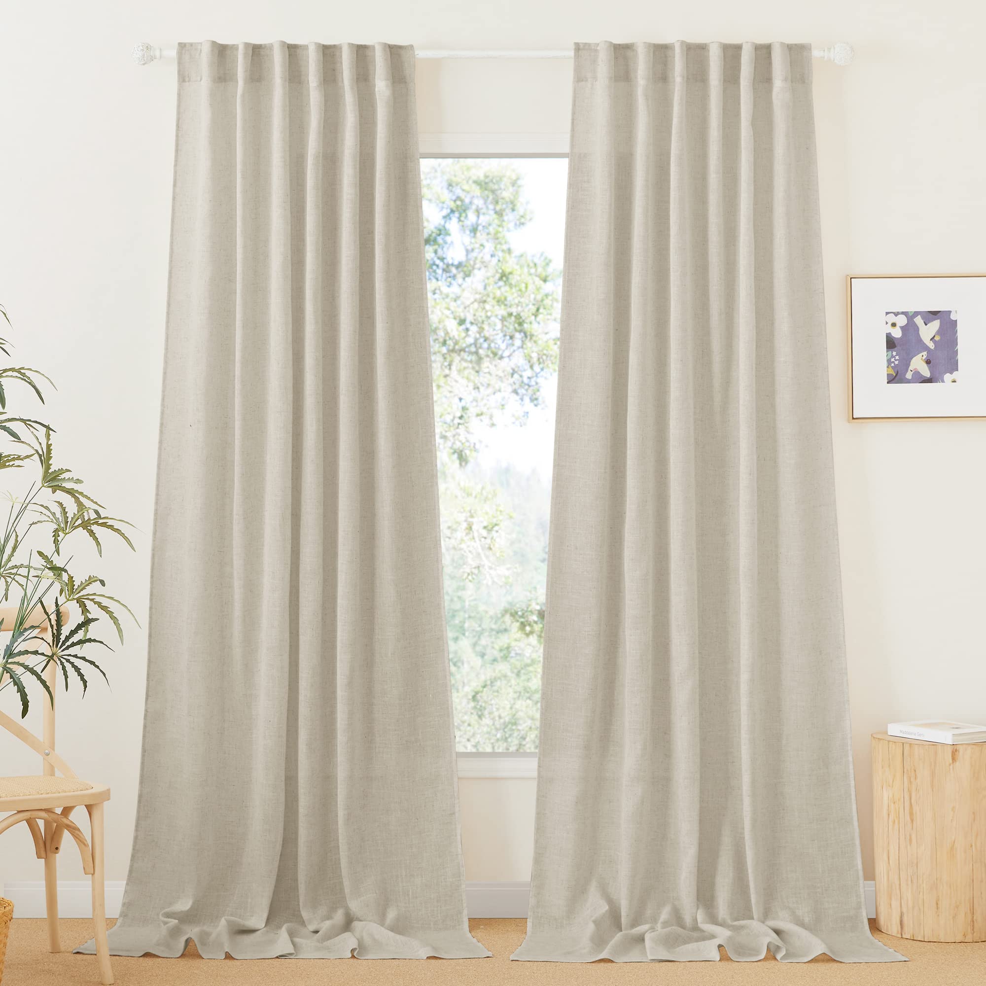 RYB HOME Linen Sheer Curtains and Drapes for Living Room 108 inches Length, Breathable Back Tab/Rod Pocket Semi Sheer Curtains, Oatmeal, W 52 x L 108 inches, 2 Panels Set
