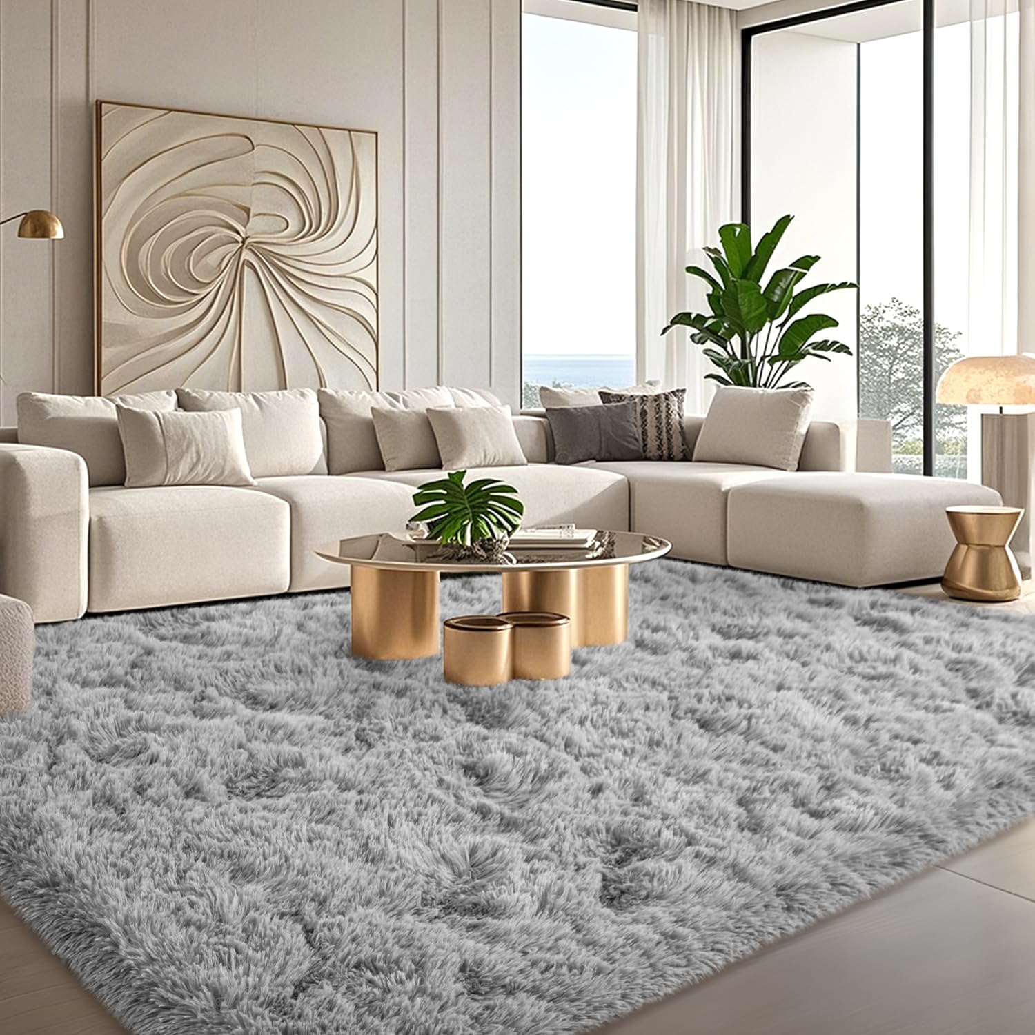 Tie-Dyed Grey Rugs for Bedroom 5x7 ft - Ultra Soft Faux Fur Area Rug - Plush Non-Slip Shaggy Carpet for Living Room, Cozy Fluffy Rug for Kids Boys Girls Dorm Nursery Room, High Pile Floor Carpet