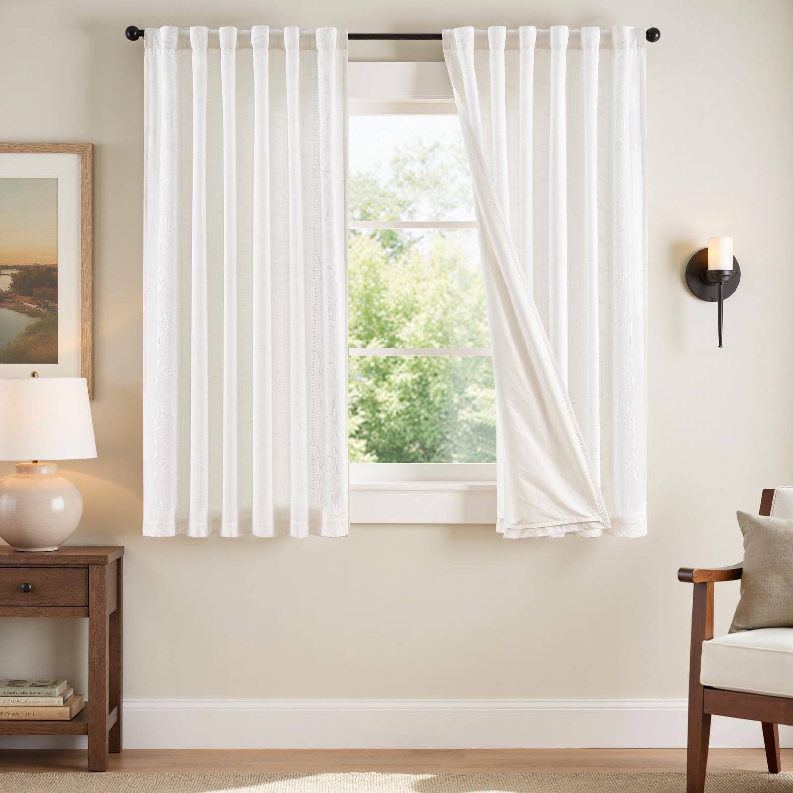 jinchan Winslow Linen Curtains for Bedroom 84 Inches Length Ivory on Taupe Embroidered Bordered Floral Curtains for Living Room Farmhouse Decor Light Filtering Window Treatments 2 Panels