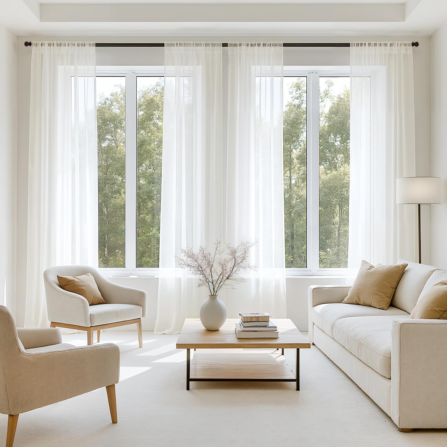 MIULEE Butter Cream Sheer Curtains 96 Inches Long, 4 Panels Set, Rod Pocket Voile Drapes Light Filtering and Semi Transparent, Elegant Window Treatments for Bedroom Living Room,42 x 96 Inches