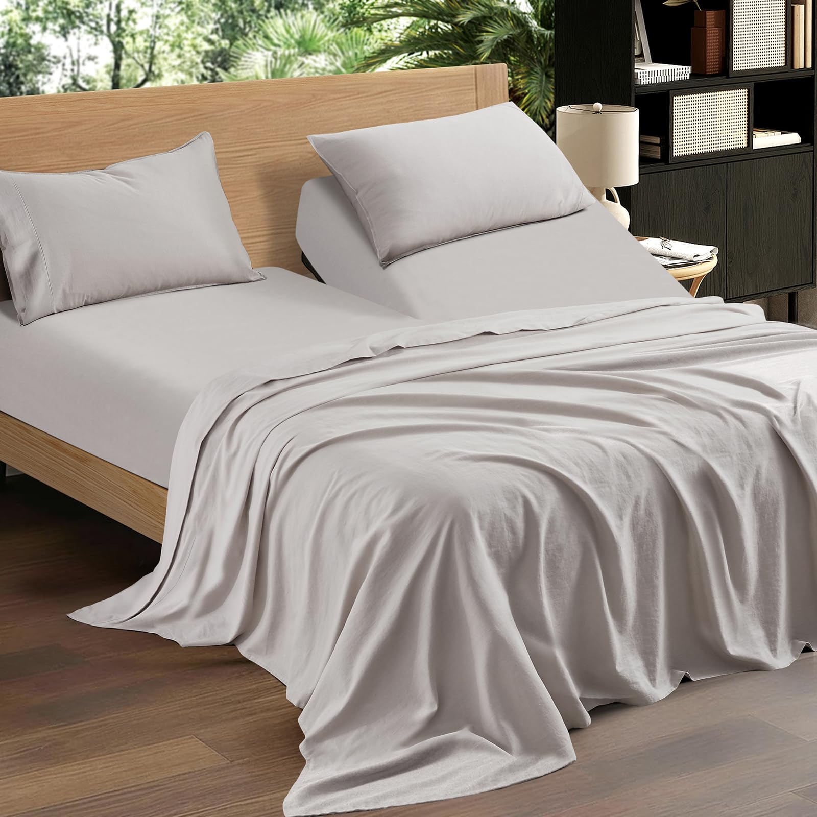 4Pcs Organic Linen Sheets King Size, 100% French Linen from Normandy, Tear-Resistant Natural Linen King Sheet Set with 16 Inch Deep Pocket, 1 Flat Sheet, 1 Fitted Sheet, 2 Pillowcases