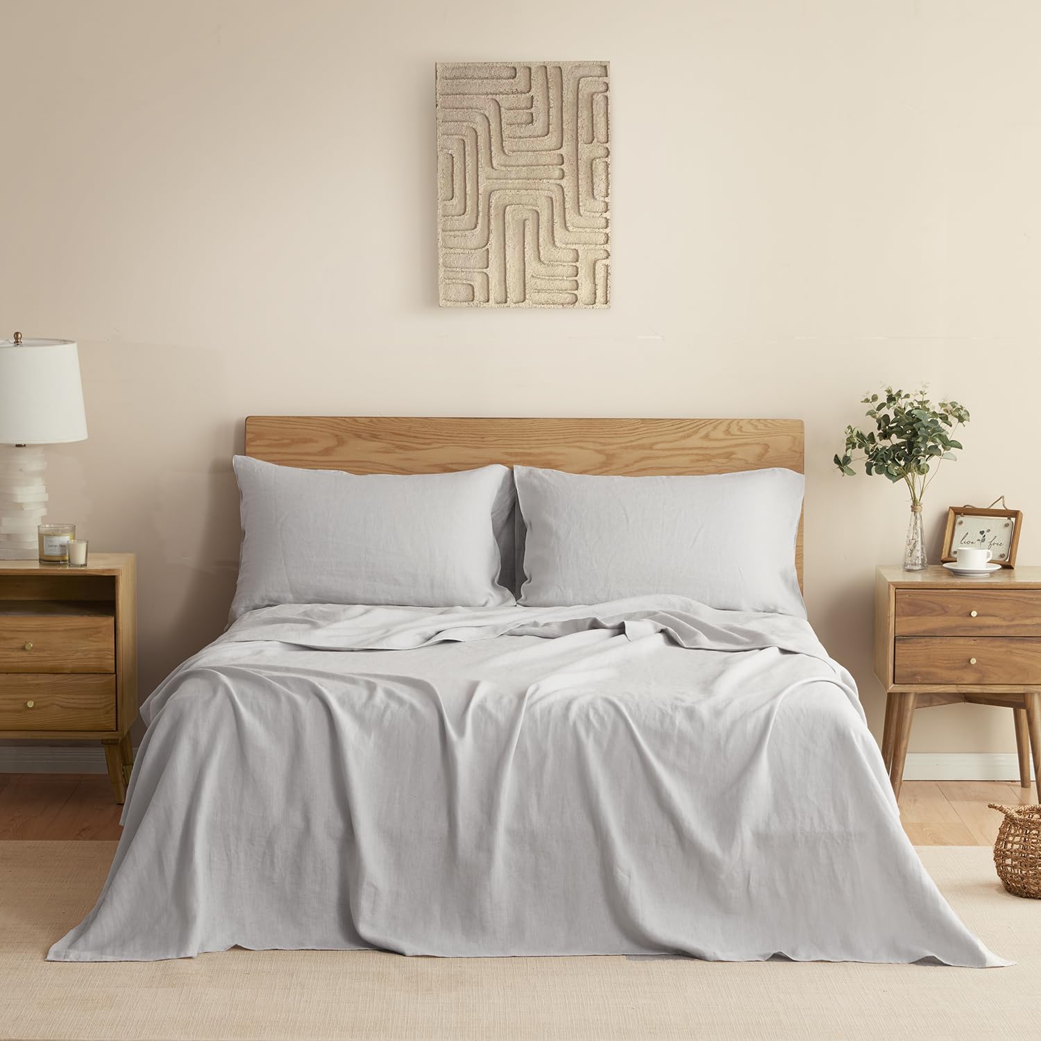 DAPU Pure Linen Sheets Set, 100% French Linen from Normandy, Breathable and Durable for Hot Sleepers, 4 Pcs Queen Size Sheets Set - 1 Flat Sheet, 1 Fitted Sheet, 2 Pillowcases (Natural Linen, Queen)