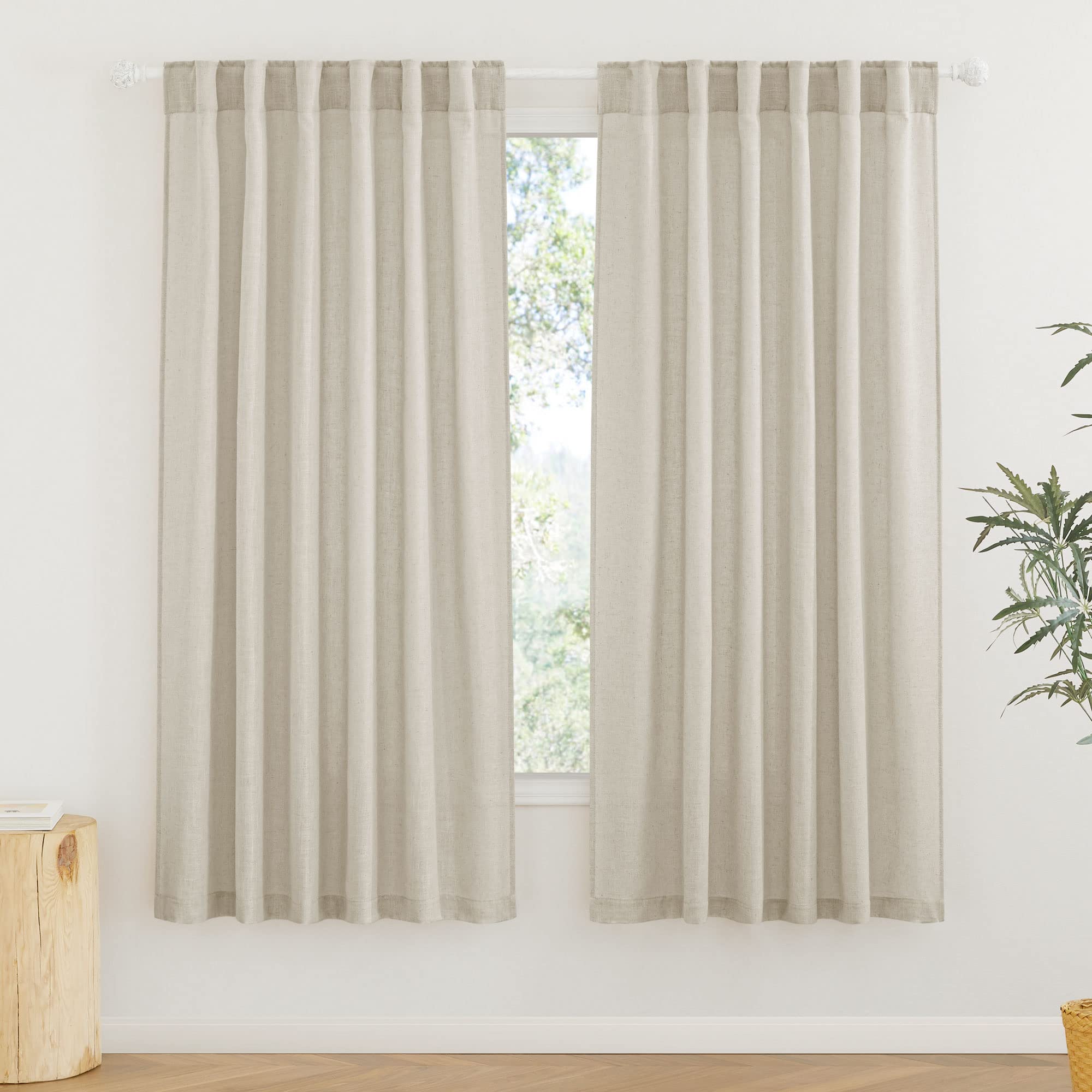 RYB HOME Linen Sheer Curtains and Drapes for Living Room 108 inches Length, Breathable Back Tab/Rod Pocket Semi Sheer Curtains, Oatmeal, W 52 x L 108 inches, 2 Panels Set