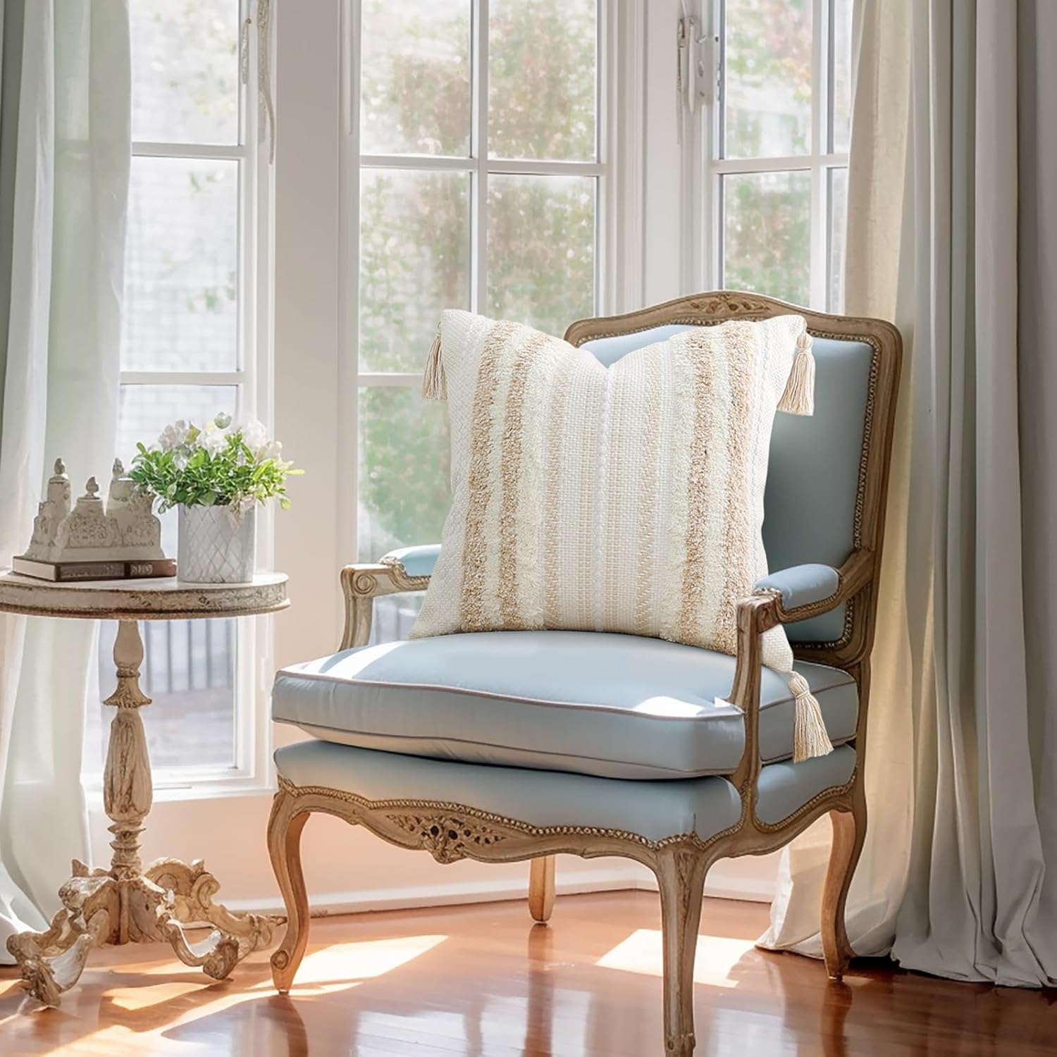 decorUhome Summer Decorative Boho Throw Pillow Covers 18x18 Set of 2, Accent Neutral Textured Tufted Pillow Covers Striped for Couch Bed Sofa Living Room, Khaki and Cream White