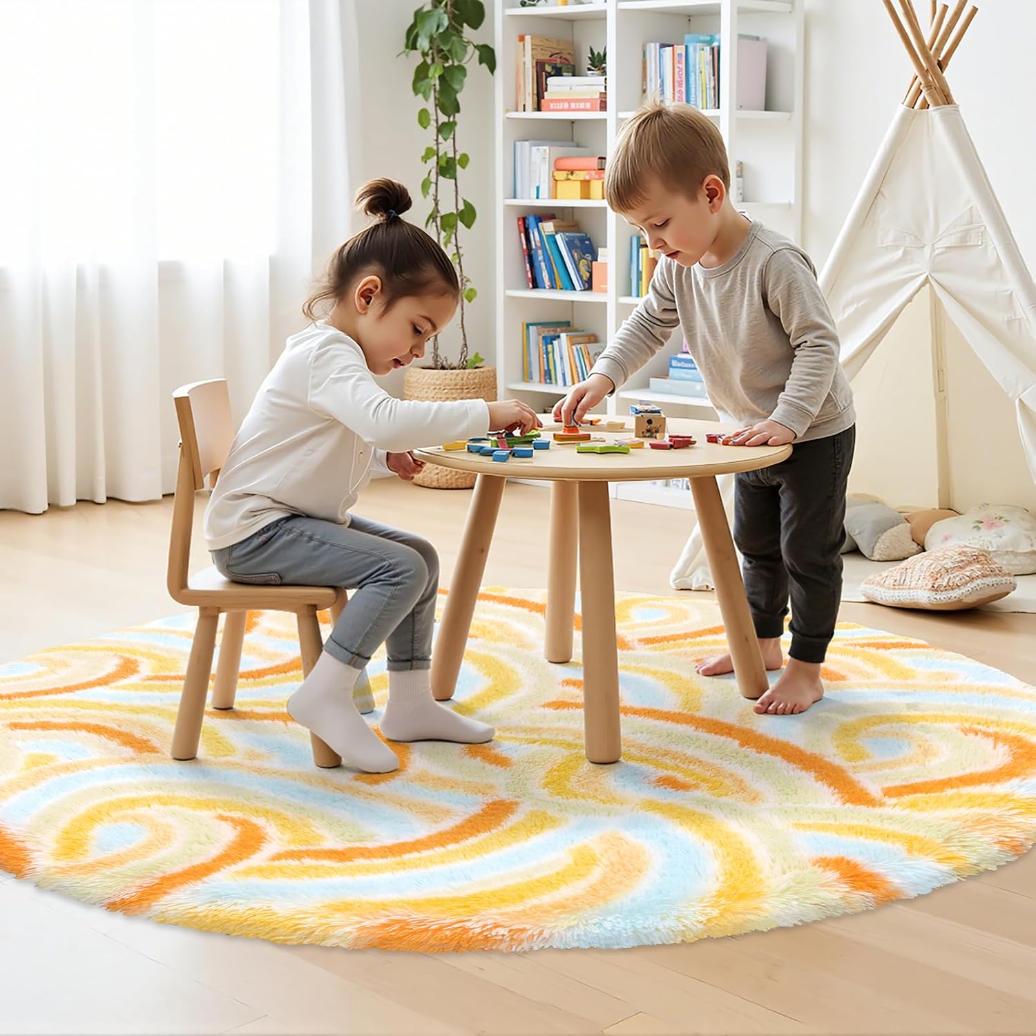 Fluffy Circle Rug for Bedroom Girls,4ft Round Area Rug for Girls Room Decor Aesthetic,Soft Plush Shaggy Fuzzy Carpet for Kids Room, Nursery, Preppy Dorm,Playroom Home Decor