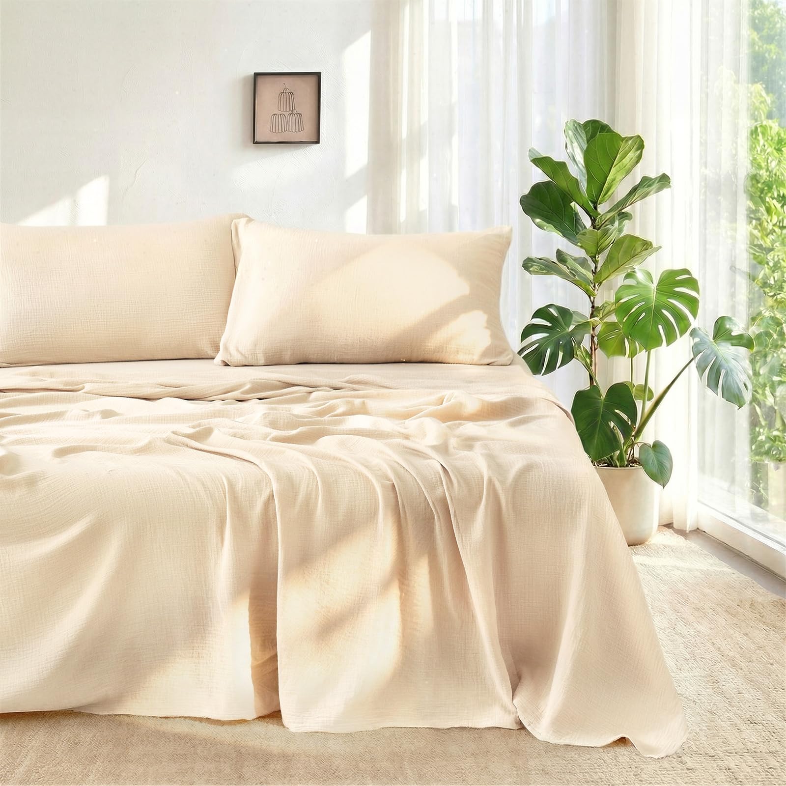 LUTBM King Sheet Set 100% Cotton Bed Sheets Gauze 4 Pcs Muslin Linen Sheets Set 16" Deep Pocket Sheet & Pillowcase Sets Breathable Boho King Soft Bedding Sets for All Season