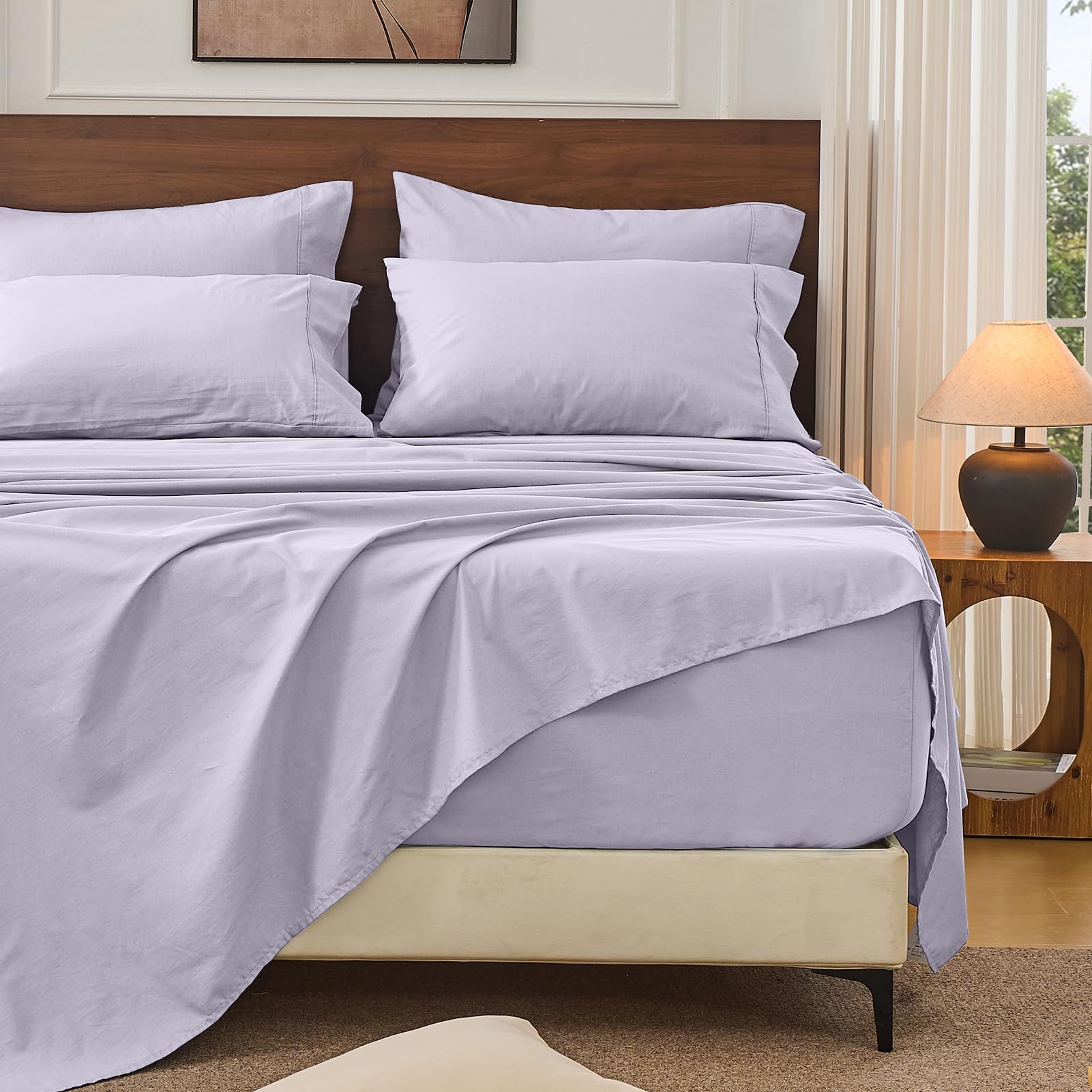 Bedlifes 100% French Pure Linen Sheets Queen Size Breathable and Cooling Flax Sheet Set Soft Durable and Moisture Wicking 16 Inch Deep Pocket-4 Piece(Queen,Linen)