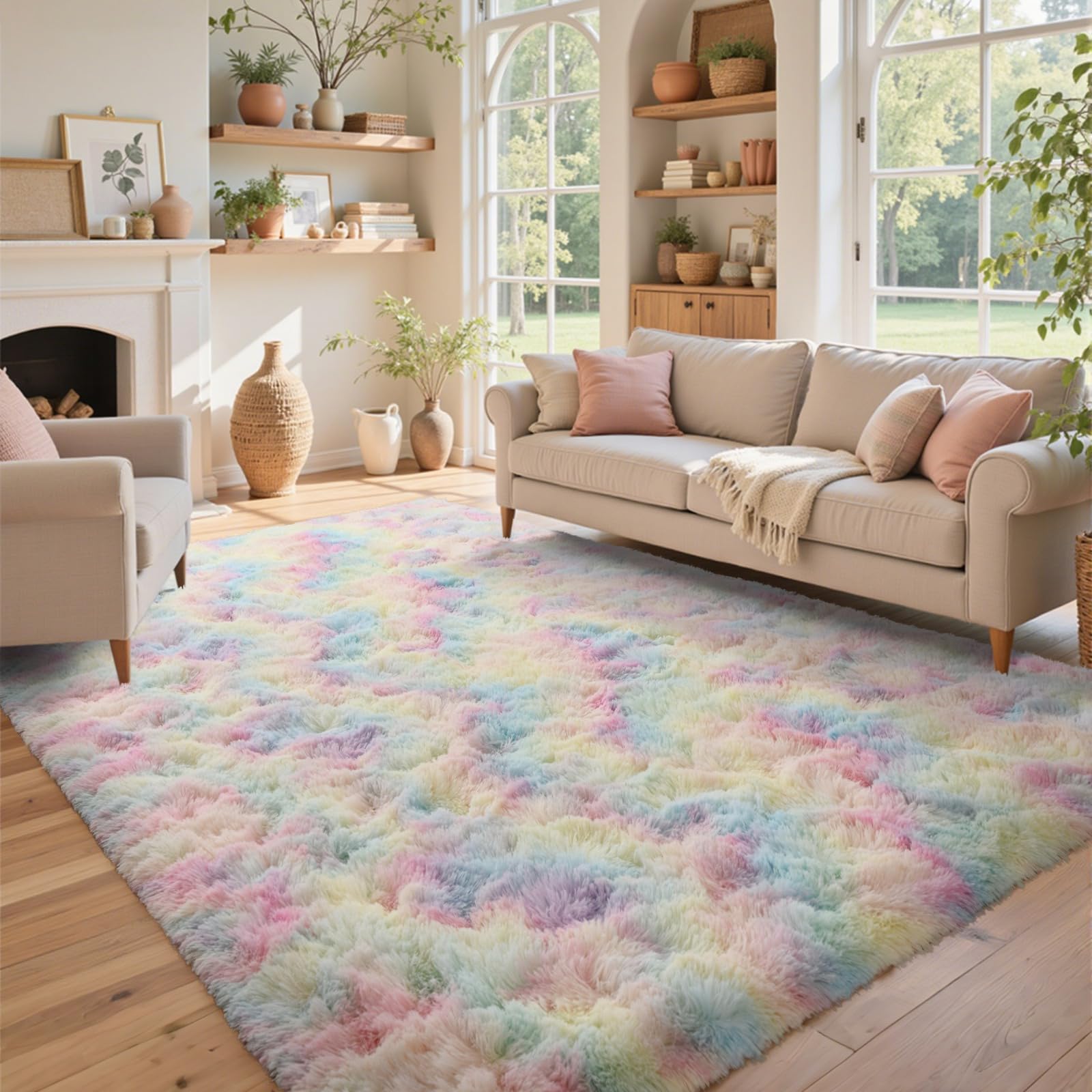 5×7ft Grey Fluffy Tie-Dyed Rug, Soft Shag Carpet for Home Decor