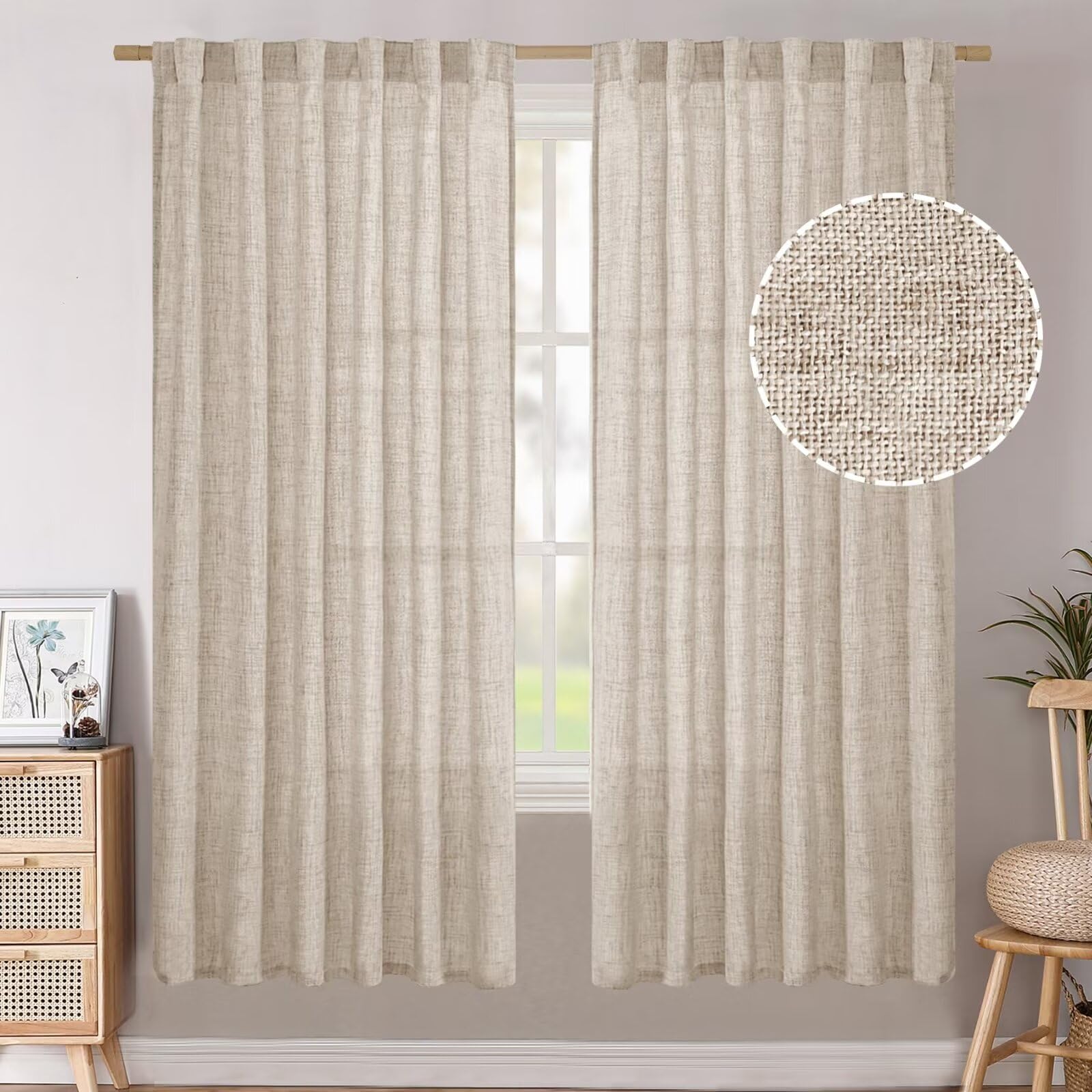 BGment Natural Linen Semi Sheer Curtains 96 Inch Length 2 Panels for Living Room, Beige Light Filtering Window Drapes with Rod Pocket Back Tab Extre Long for Dining Bedroom, 52 X 96 Inch