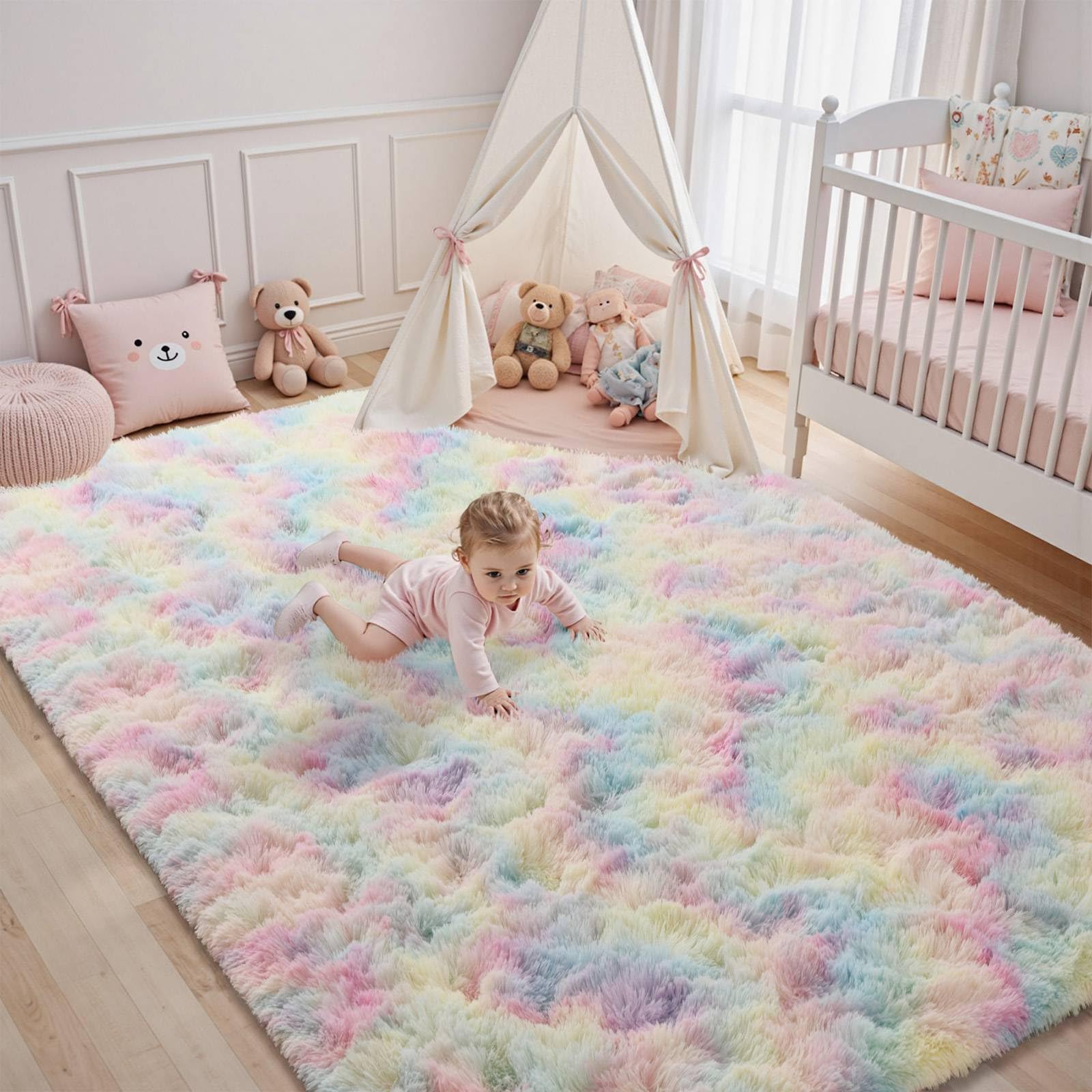 5×7ft Grey Fluffy Tie-Dyed Rug, Soft Shag Carpet for Home Decor