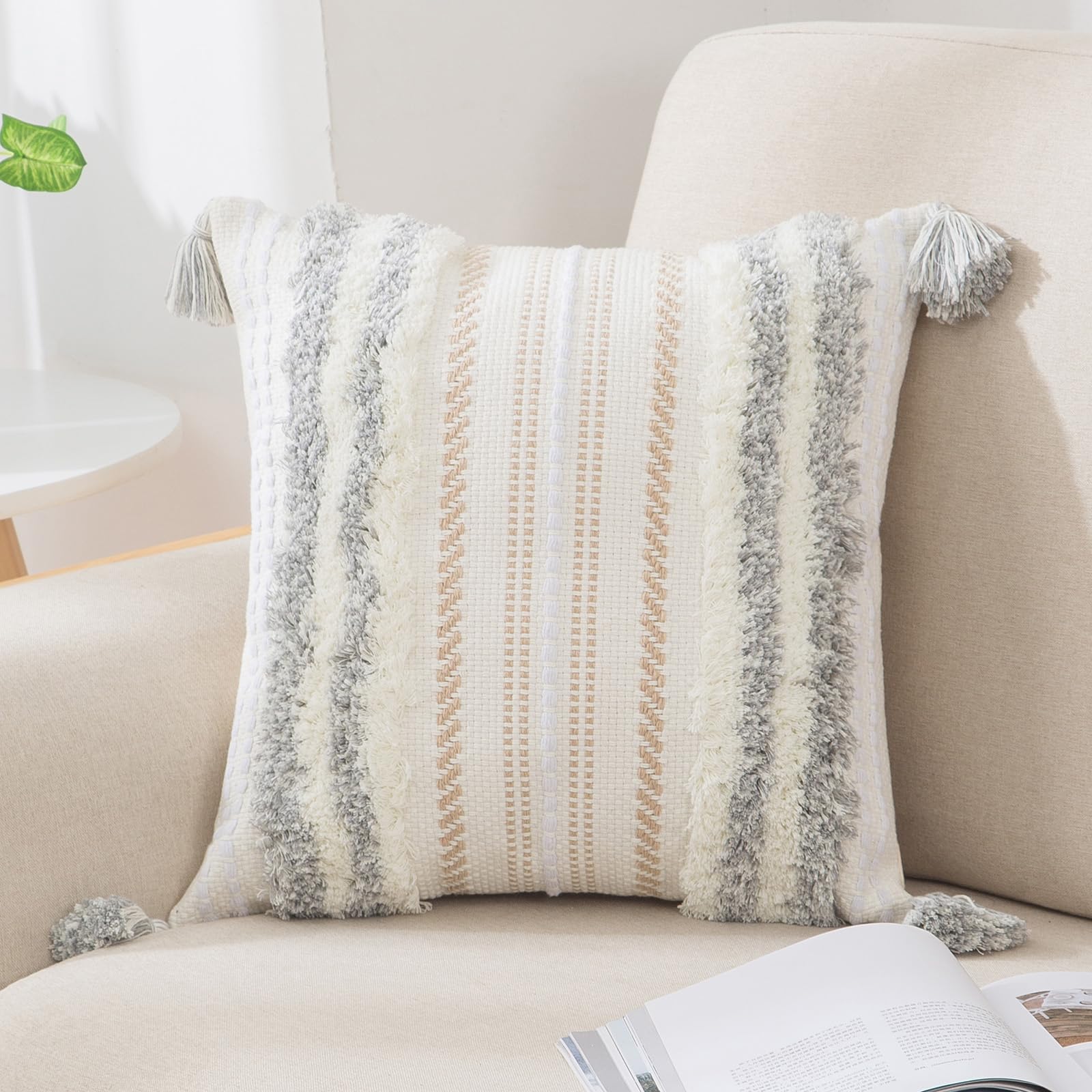 decorUhome Summer Decorative Boho Throw Pillow Covers 18x18 Set of 2, Accent Neutral Textured Tufted Pillow Covers Striped for Couch Bed Sofa Living Room, Khaki and Cream White