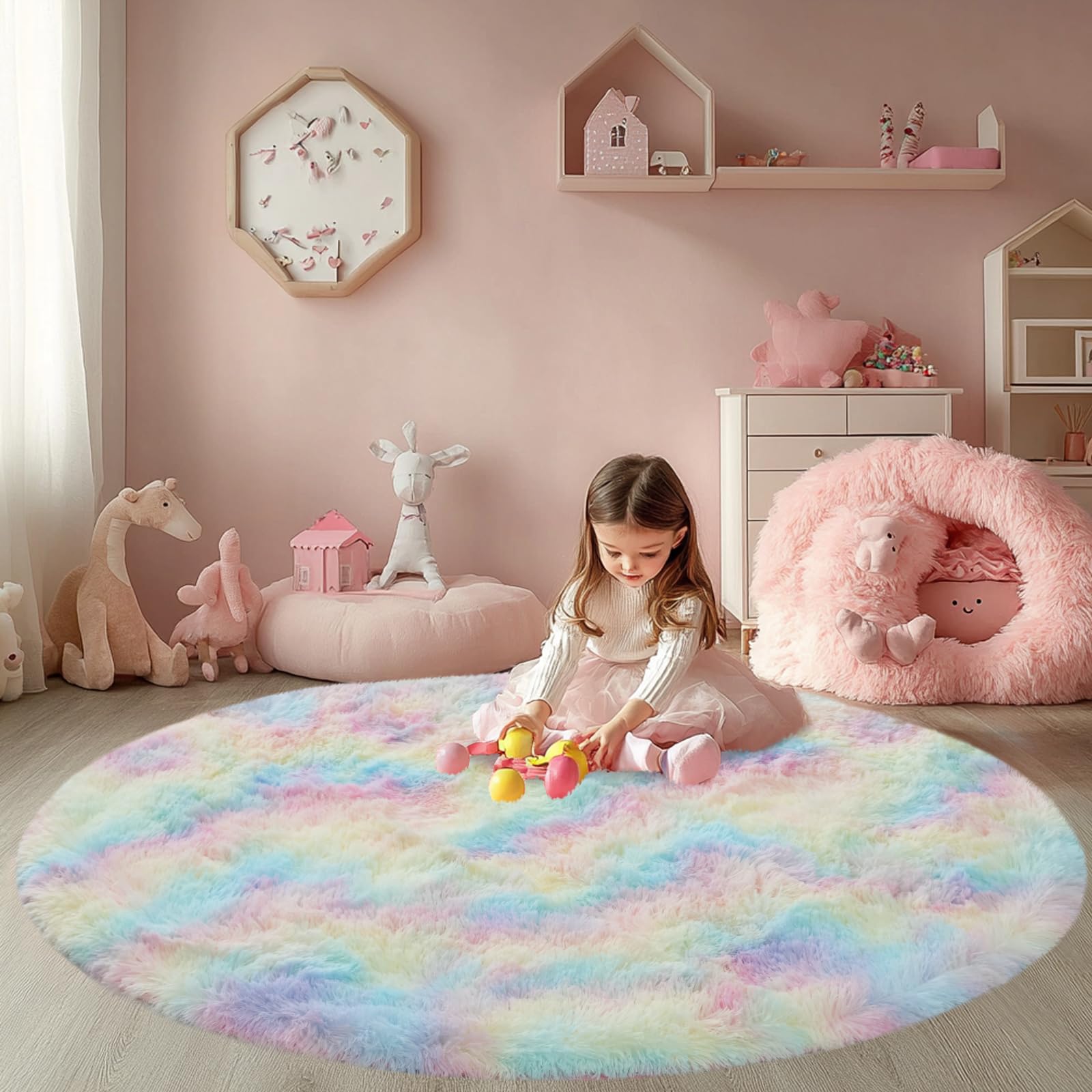 CAIYUECS Shag Area Rug,Indoor Ultra Soft Fluffy Plush Rugs for Bedroom Living Room, Non-Skid Modern Nursery Faux Fur Rugs for Kids Room Home Decor (Tie-Dyed Light Gray, 5x7 Feet)