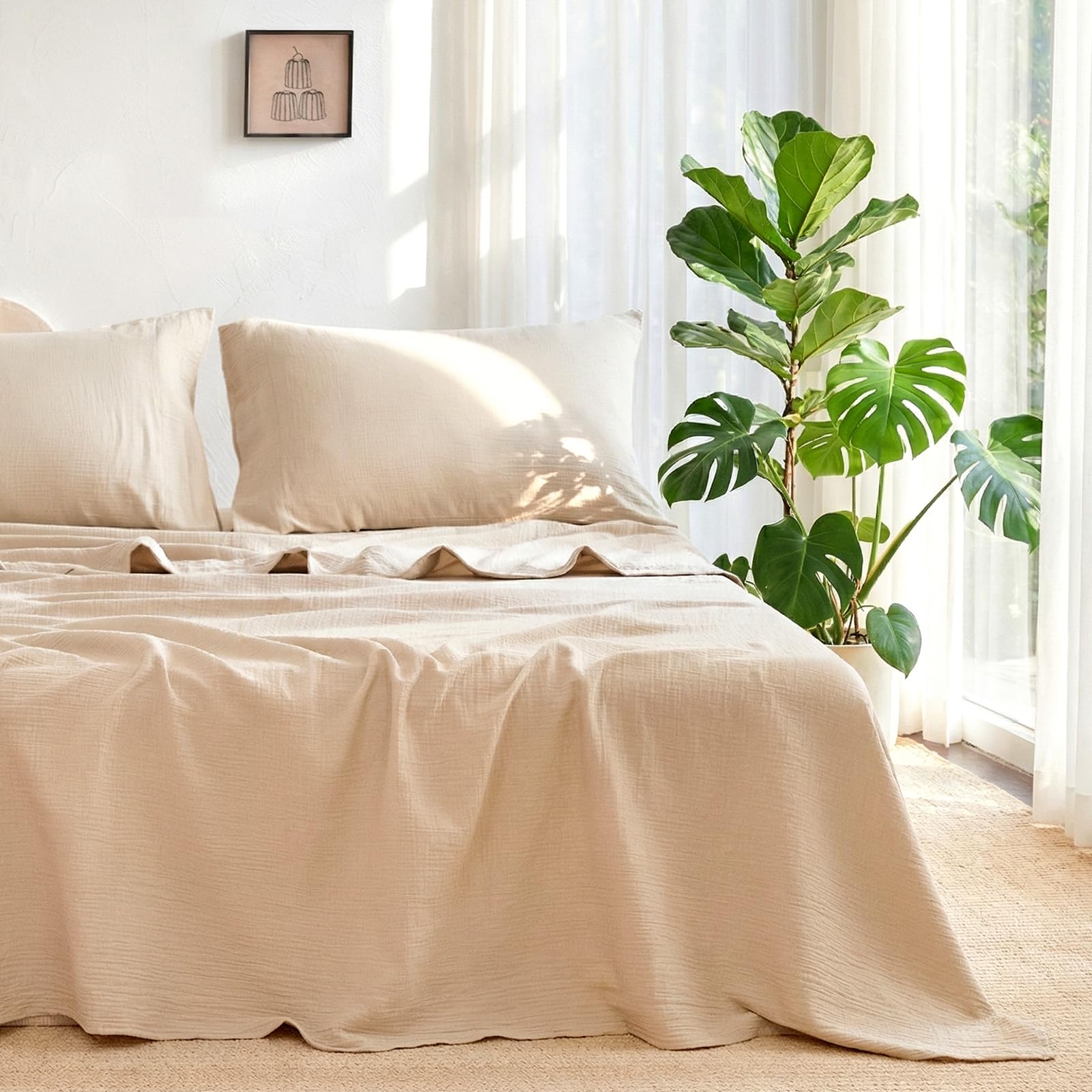 LUTBM King Sheet Set 100% Cotton Bed Sheets Gauze 4 Pcs Muslin Linen Sheets Set 16" Deep Pocket Sheet & Pillowcase Sets Breathable Boho King Soft Bedding Sets for All Season