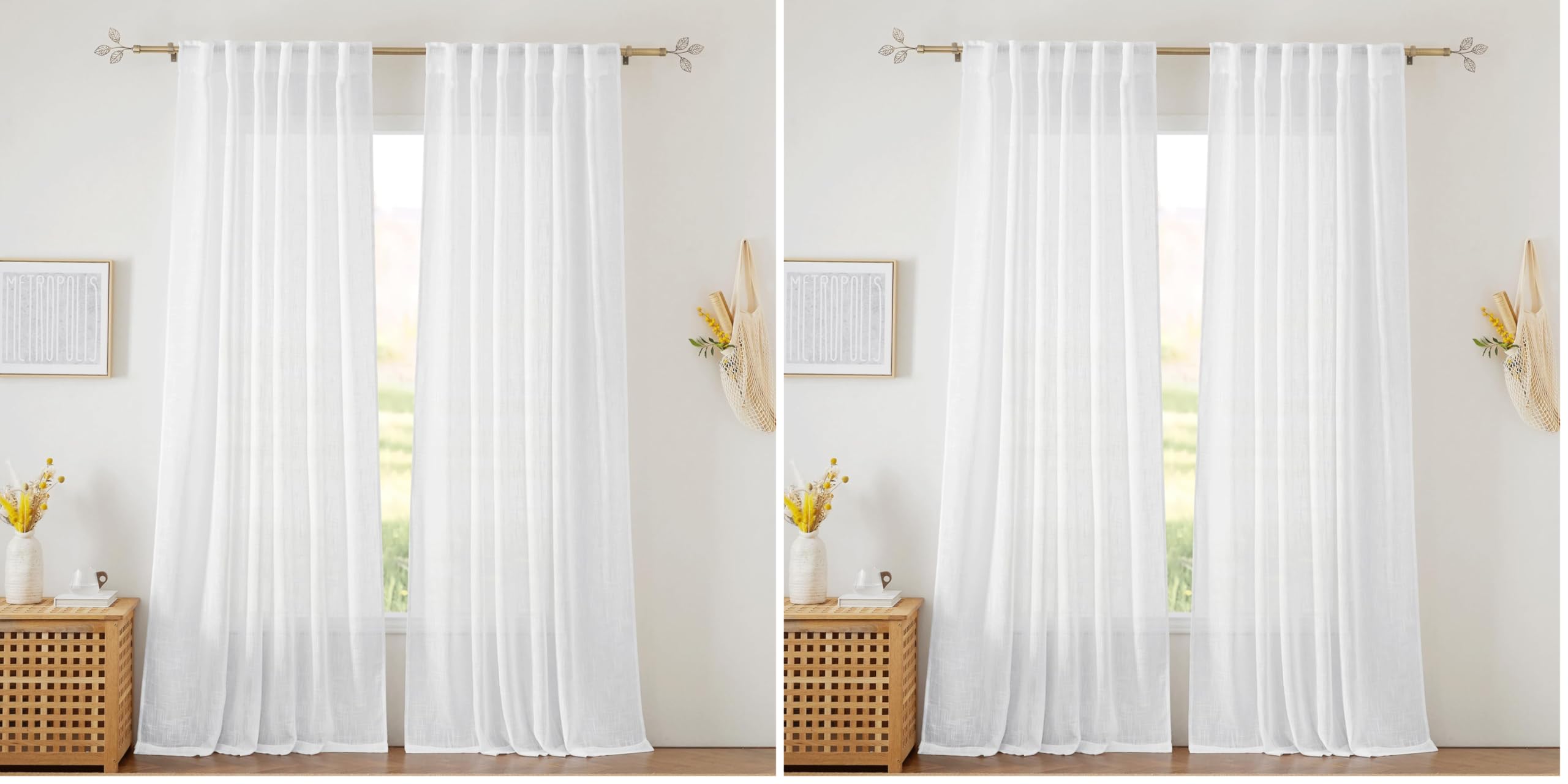 RYB HOME Linen Sheer Curtains and Drapes for Living Room 108 inches Length, Breathable Back Tab/Rod Pocket Semi Sheer Curtains, Oatmeal, W 52 x L 108 inches, 2 Panels Set