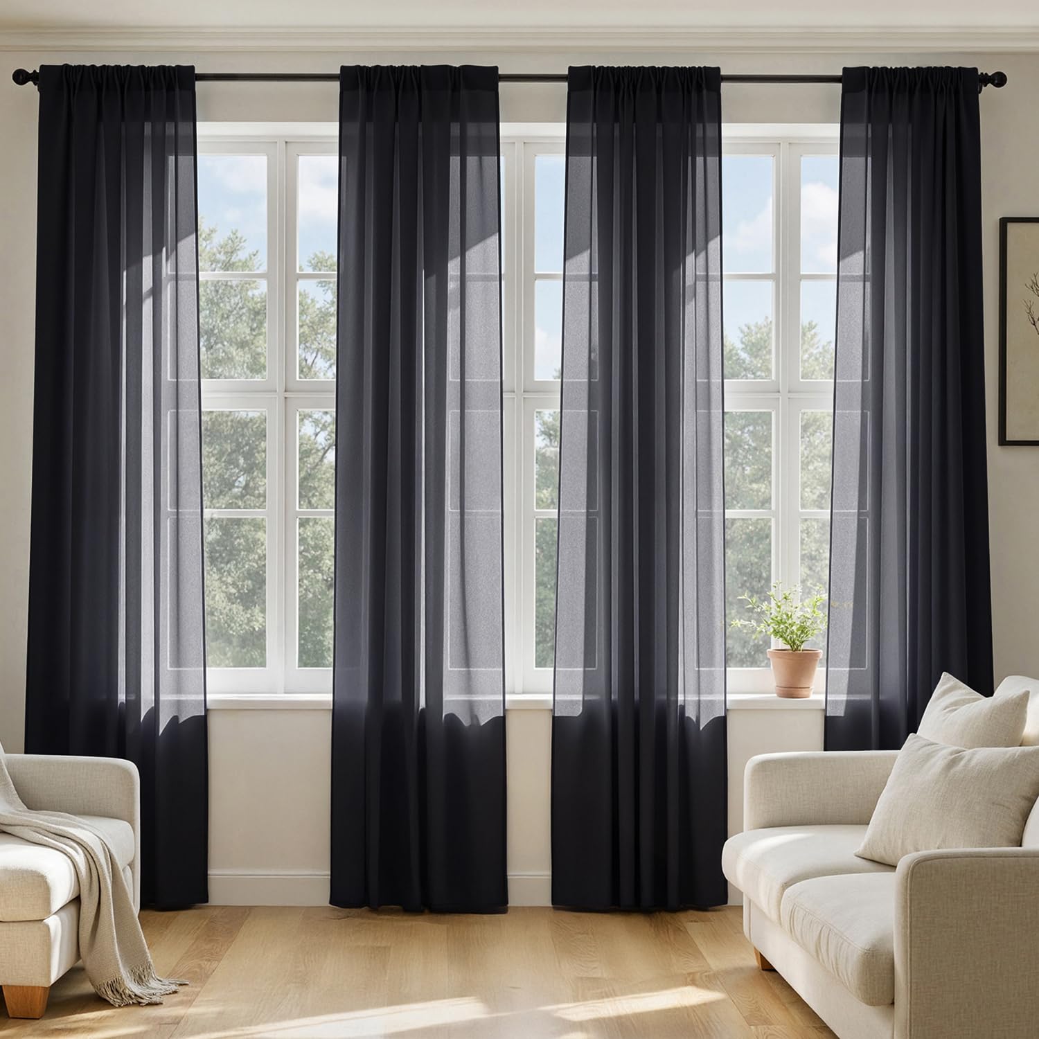 MIULEE Butter Cream Sheer Curtains 96 Inches Long, 4 Panels Set, Rod Pocket Voile Drapes Light Filtering and Semi Transparent, Elegant Window Treatments for Bedroom Living Room,42 x 96 Inches