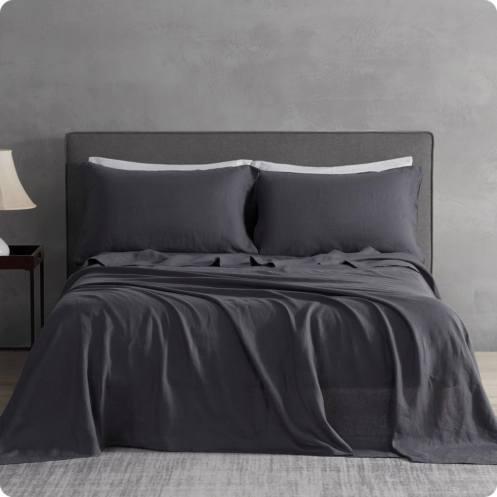 DAPU Pure Linen Sheets Set, 100% French Linen from Normandy, Breathable and Durable for Hot Sleepers, 4 Pcs Queen Size Sheets Set - 1 Flat Sheet, 1 Fitted Sheet, 2 Pillowcases (Natural Linen, Queen)