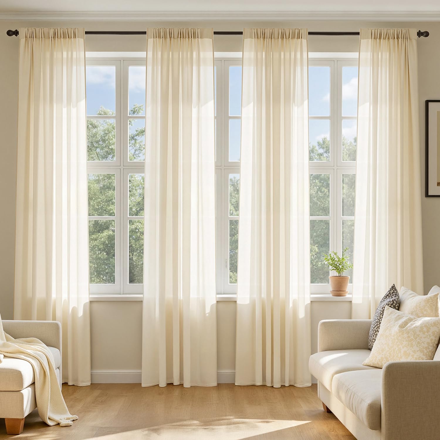 MIULEE Butter Cream Sheer Curtains 96 Inches Long, 4 Panels Set, Rod Pocket Voile Drapes Light Filtering and Semi Transparent, Elegant Window Treatments for Bedroom Living Room,42 x 96 Inches