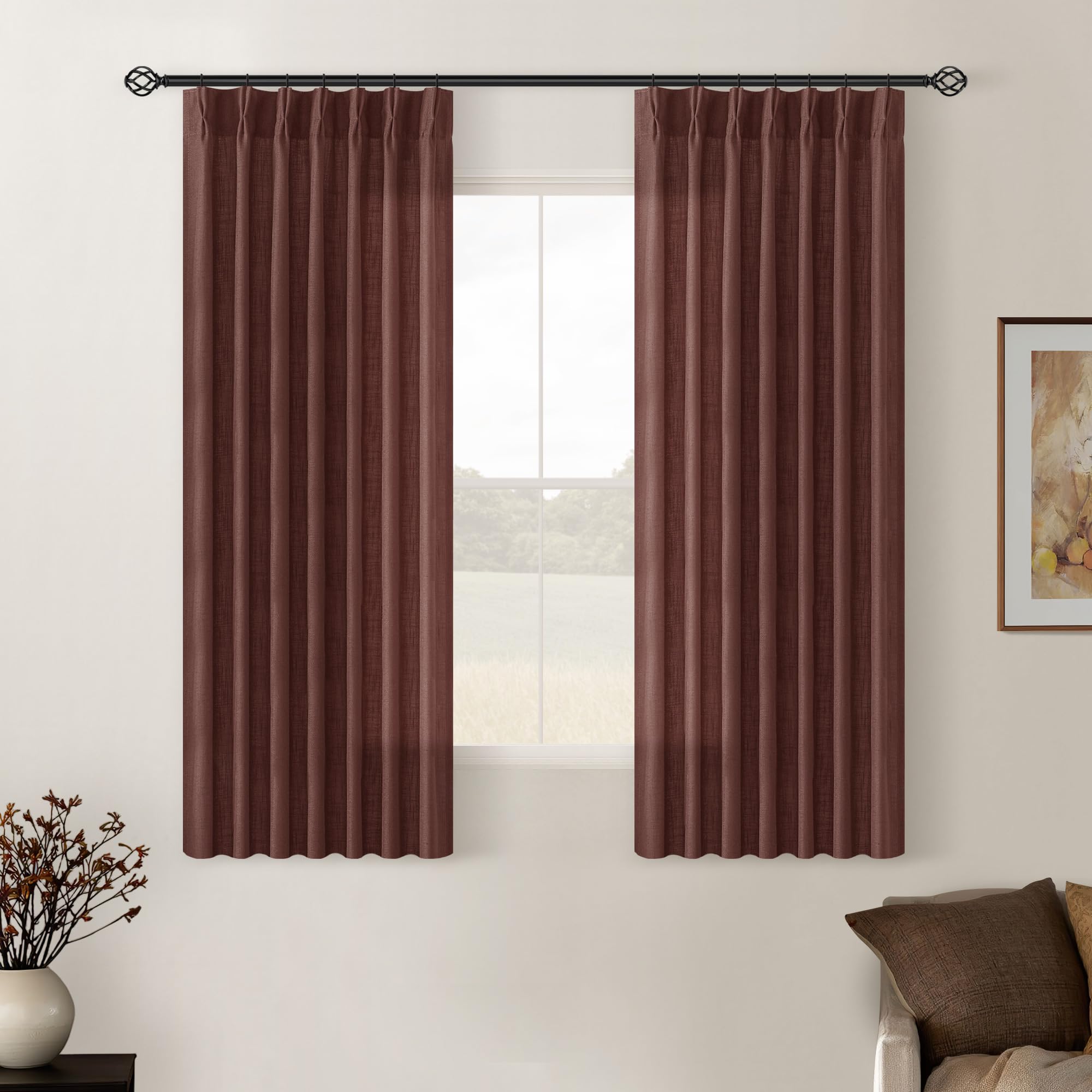 Dutch Cocoa Pinch Pleated Linen Curtains 84 Inches Long 60 Inch Width Linen Blend Light Filtering Window Curtains 84 Inch for Living Room Bedroom Patio Pinch Pleat Drapes Hooks Rings 1 Panel 60Wx84L