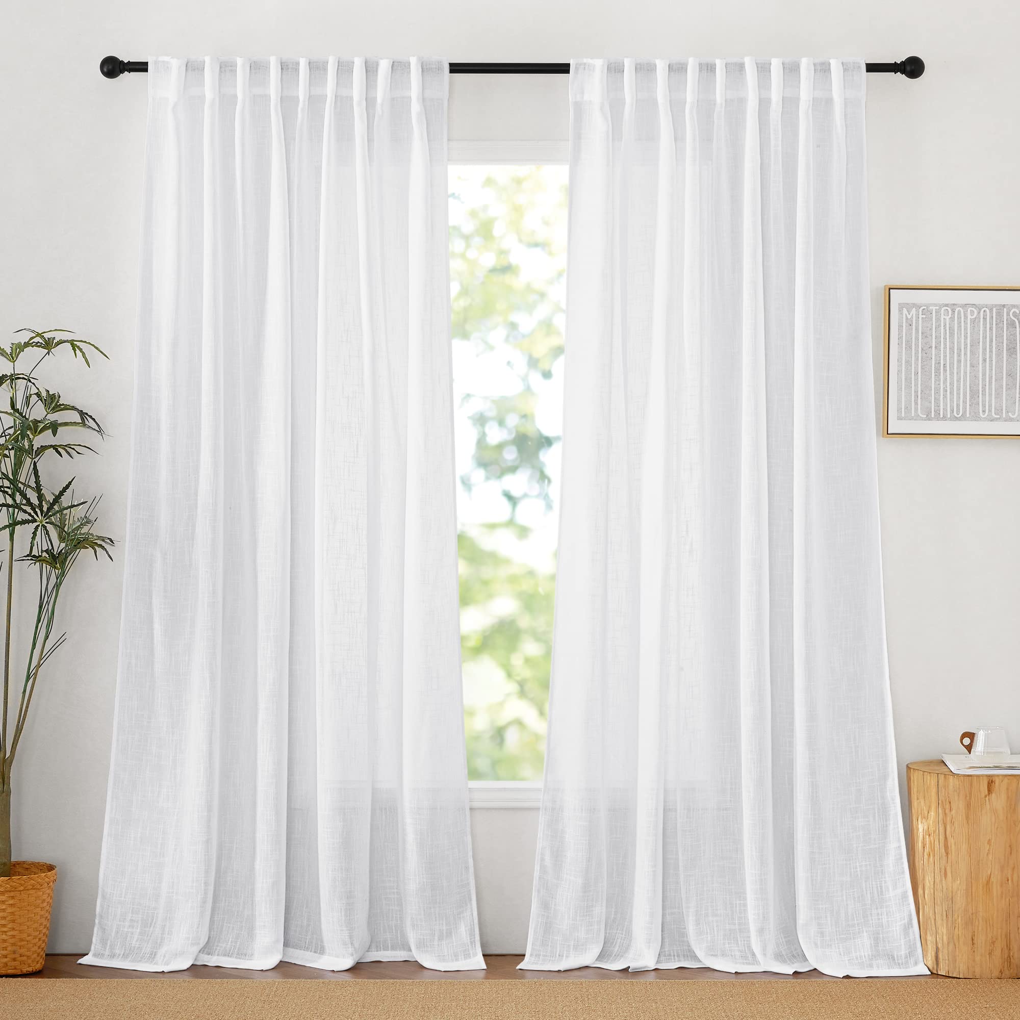 RYB HOME Linen Sheer Curtains and Drapes for Living Room 108 inches Length, Breathable Back Tab/Rod Pocket Semi Sheer Curtains, Oatmeal, W 52 x L 108 inches, 2 Panels Set
