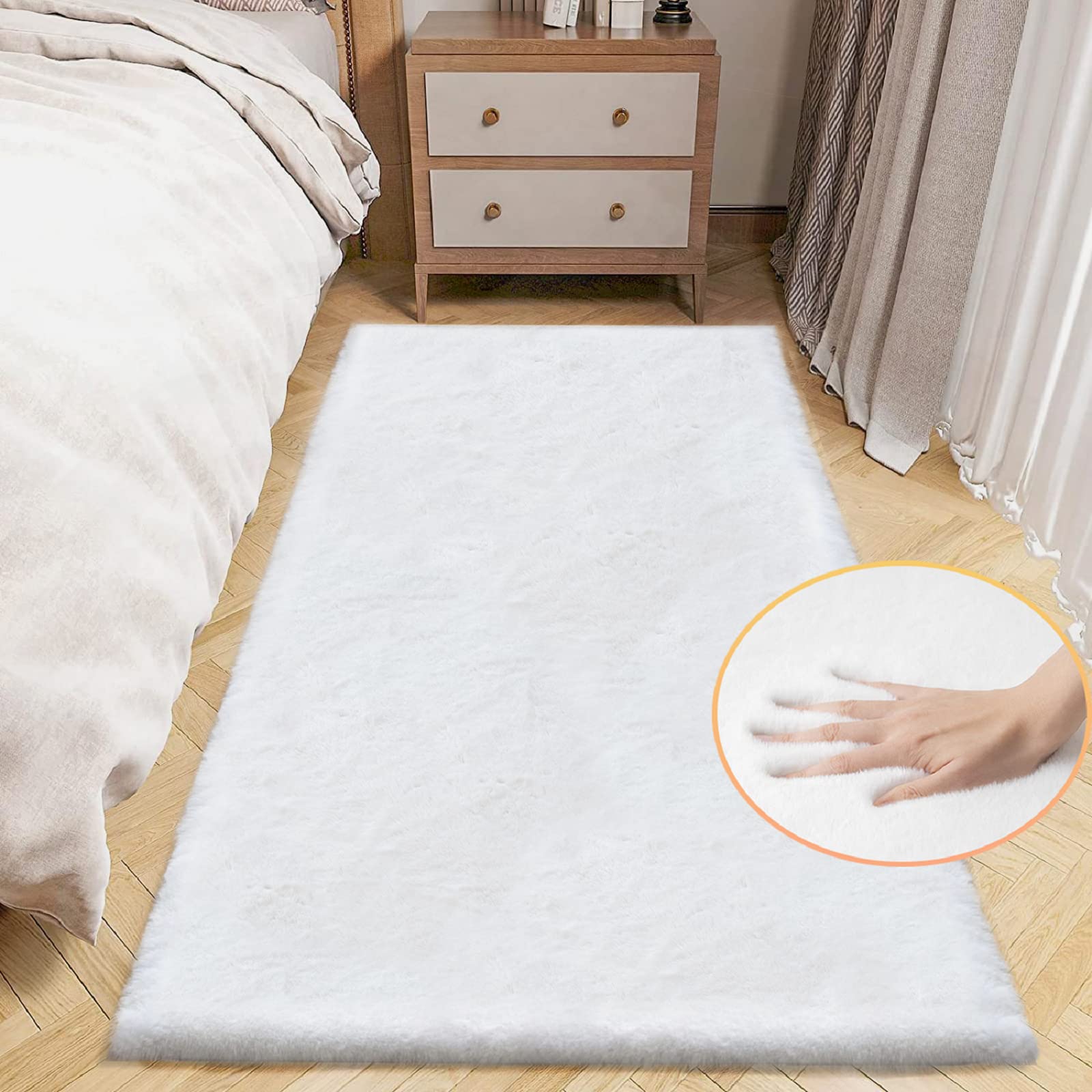 ORINOVA White Faux Rabbit Fluffy Fur Rugs for Bedroom Machine Washable Furry Area Rugs for Living Room Smal 2x4 Shag Runner Rug Nursery Rug