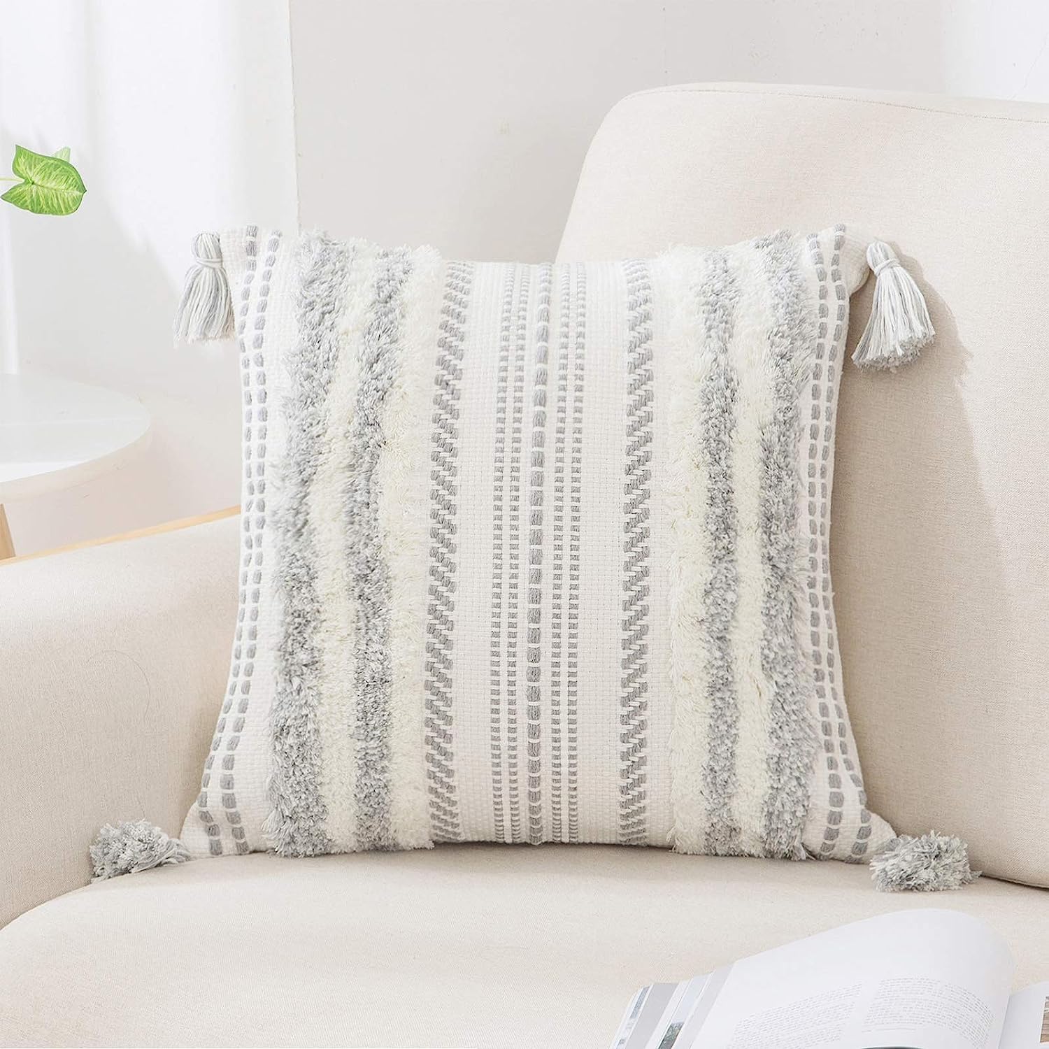 decorUhome Summer Decorative Boho Throw Pillow Covers 18x18 Set of 2, Accent Neutral Textured Tufted Pillow Covers Striped for Couch Bed Sofa Living Room, Khaki and Cream White