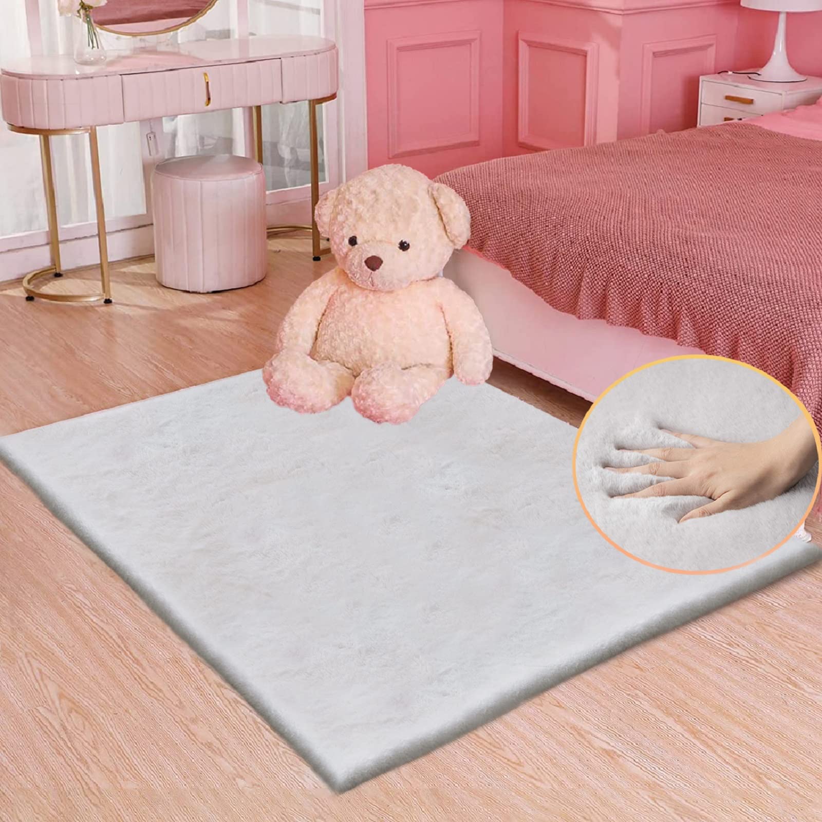 ORINOVA White Faux Rabbit Fluffy Fur Rugs for Bedroom Machine Washable Furry Area Rugs for Living Room Smal 2x4 Shag Runner Rug Nursery Rug