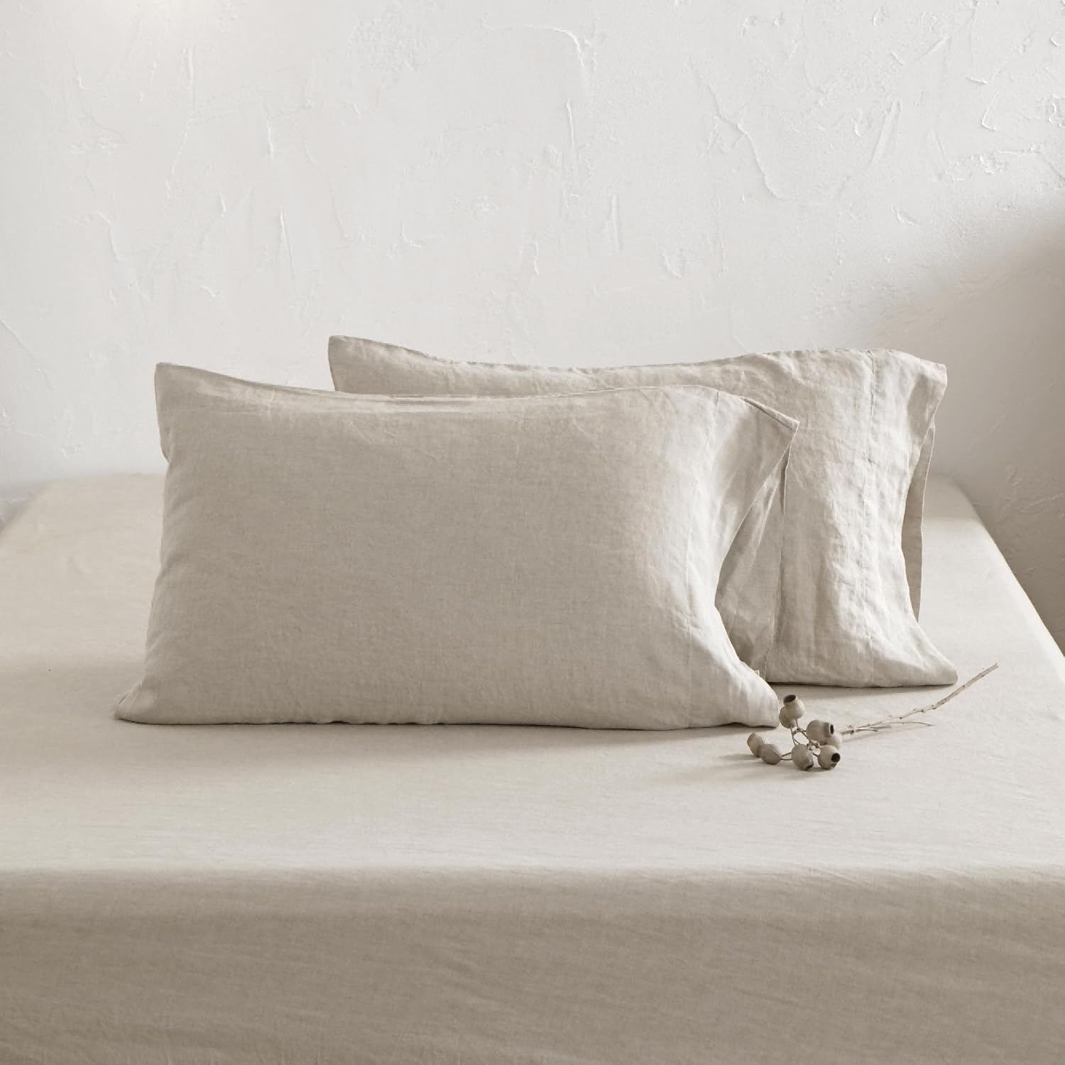 ATLINIA 100% Pure Flax Linen Bedding Set - Stone Washed French Linen Fabric Deep Pocket Fitted Sheet Farmhouse Flat Sheet 2 Pillowcases (Natural, Queen)