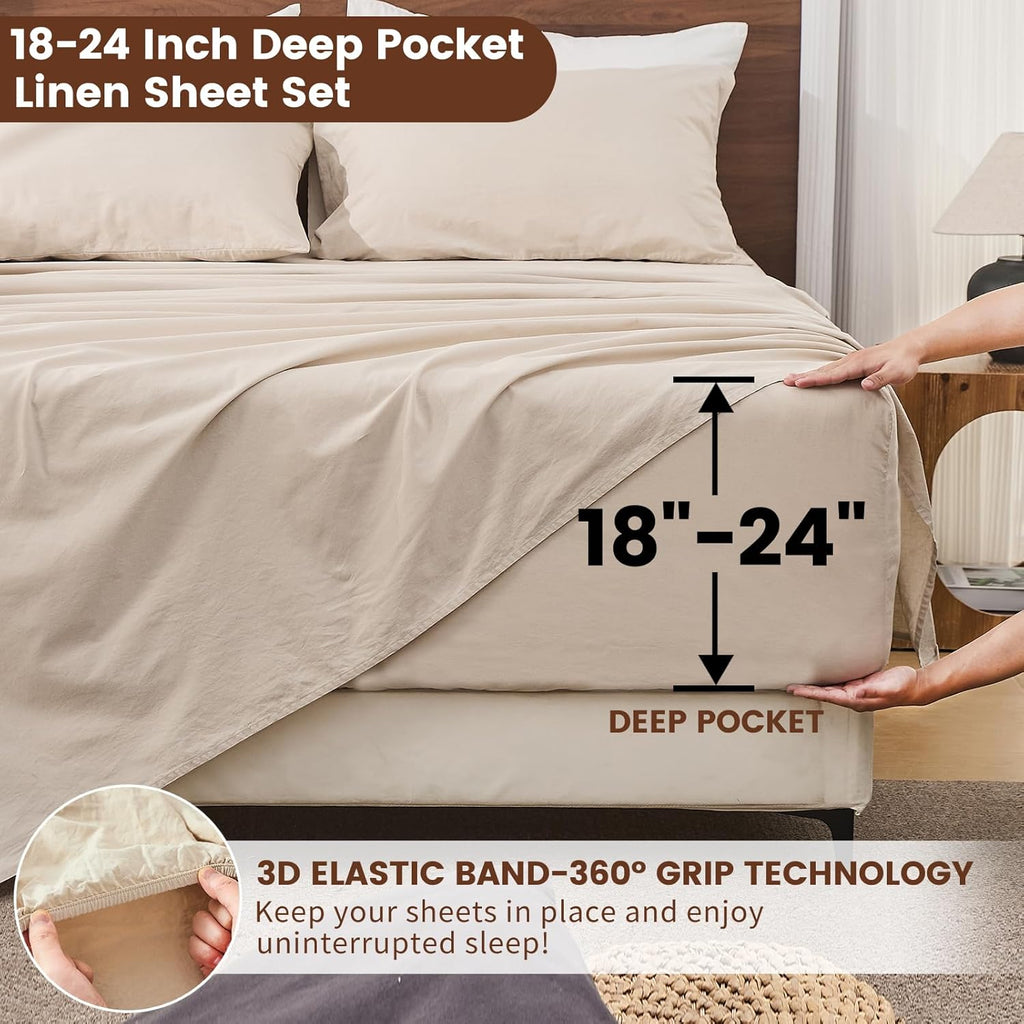Bedlifes 100% French Linen Sheets Queen Size 18-24”Extra Deep Pocket 4-Piece Set Breathable & Moisture-Wicking,Soft & Durable Sheets for Thick Mattresses(Linen)