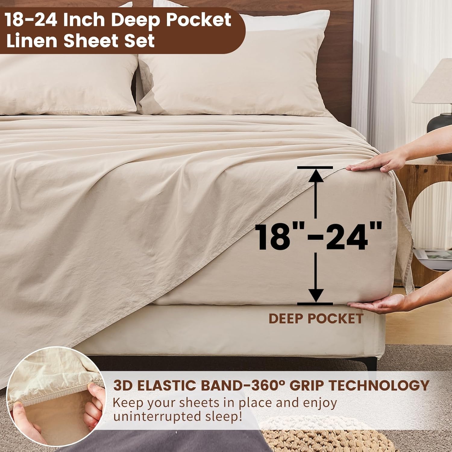 Bedlifes 100% French Linen Sheets Queen Size 18-24”Extra Deep Pocket 4-Piece Set Breathable & Moisture-Wicking,Soft & Durable Sheets for Thick Mattresses(Linen)