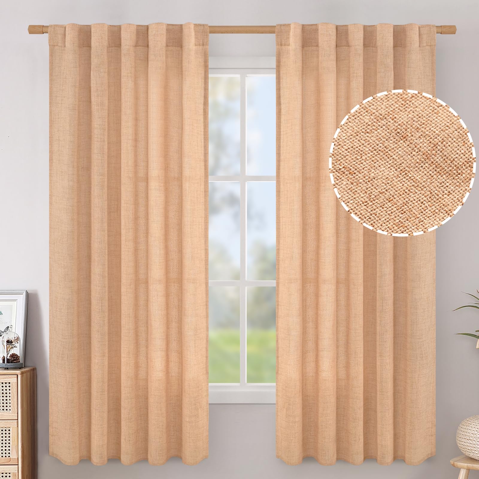 BGment Natural Linen Semi Sheer Curtains 96 Inch Length 2 Panels for Living Room, Beige Light Filtering Window Drapes with Rod Pocket Back Tab Extre Long for Dining Bedroom, 52 X 96 Inch