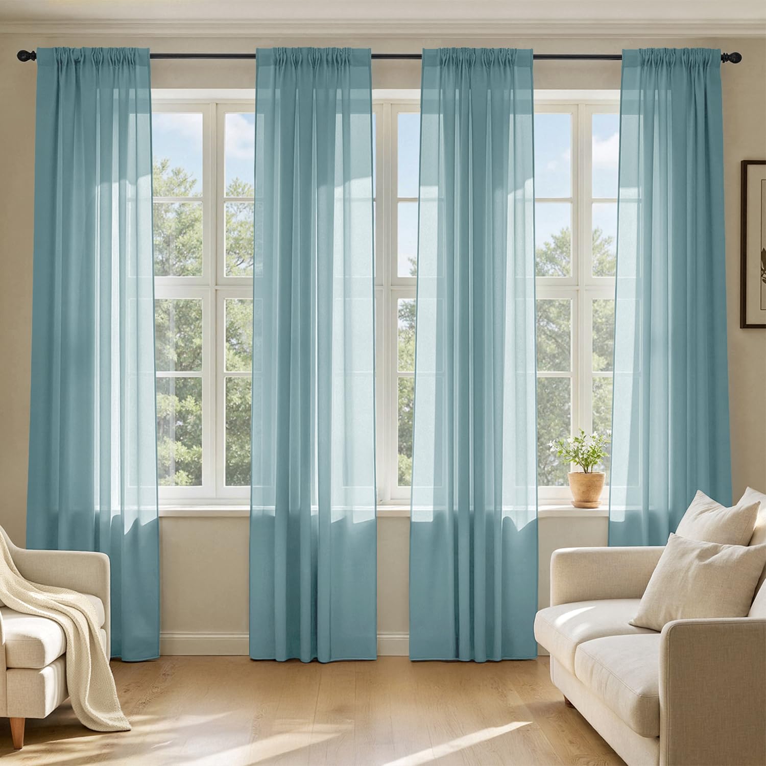 MIULEE Butter Cream Sheer Curtains 96 Inches Long, 4 Panels Set, Rod Pocket Voile Drapes Light Filtering and Semi Transparent, Elegant Window Treatments for Bedroom Living Room,42 x 96 Inches